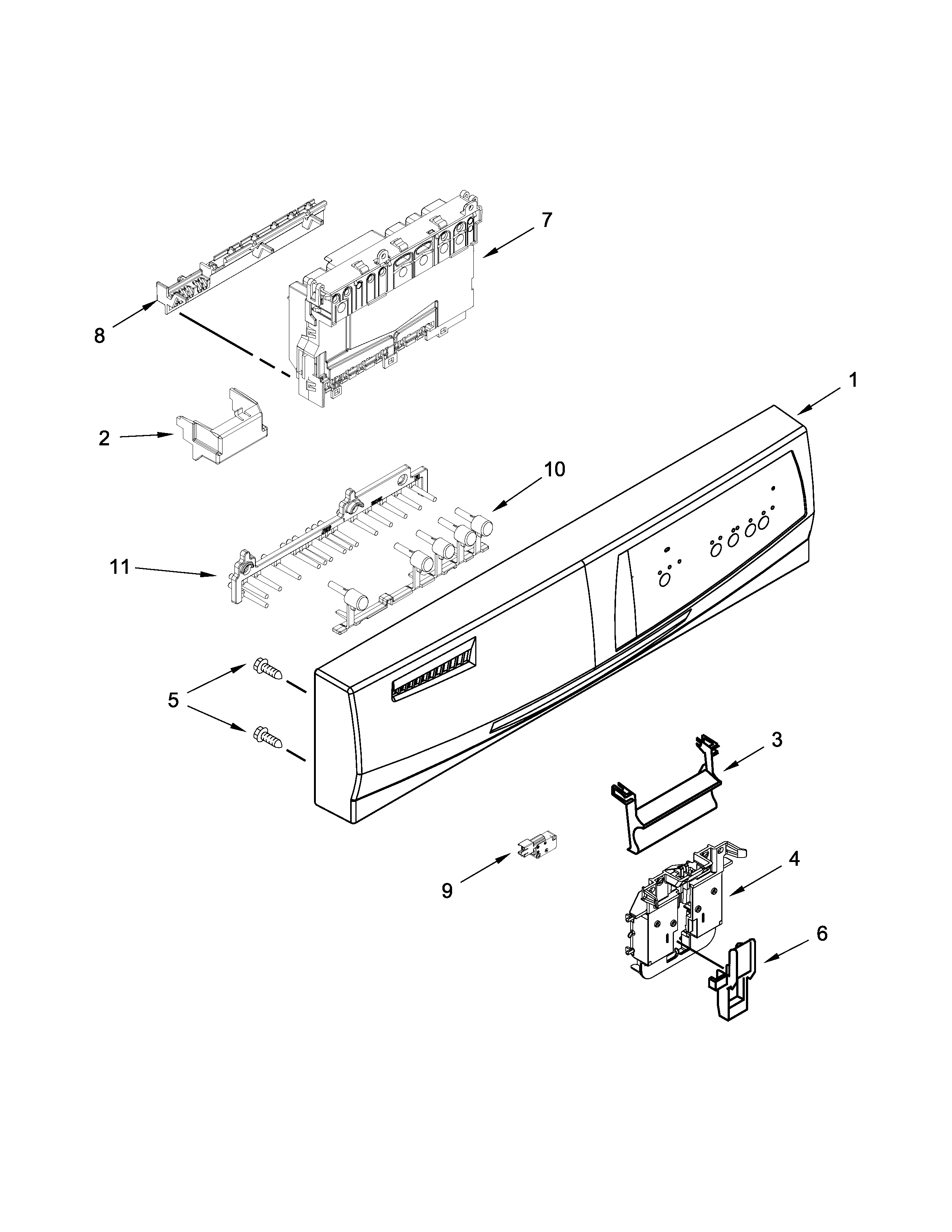 Whirlpool WDF310PAAW5 control panel and latch parts diagram