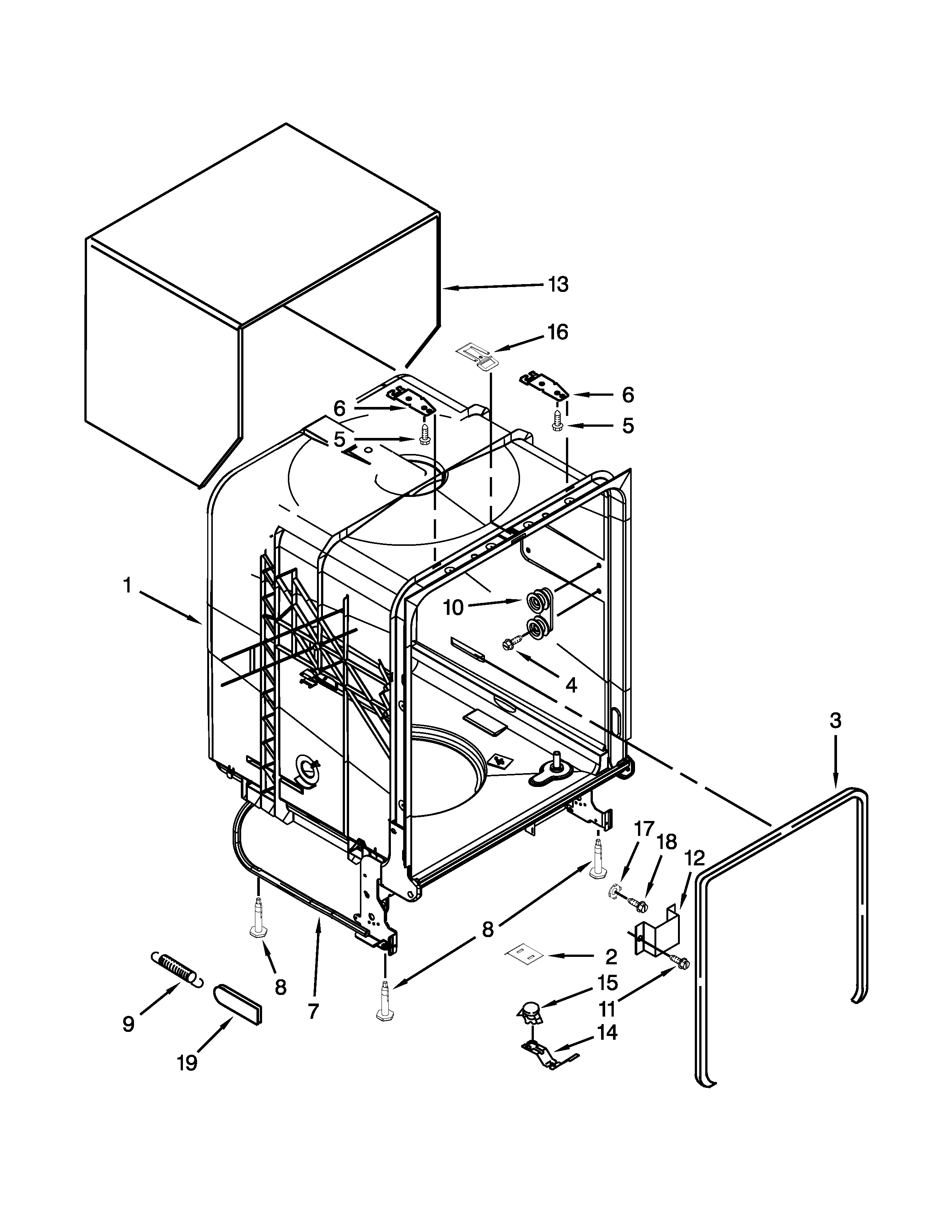 Whirlpool WDF310PAAW5 tub and frame parts diagram