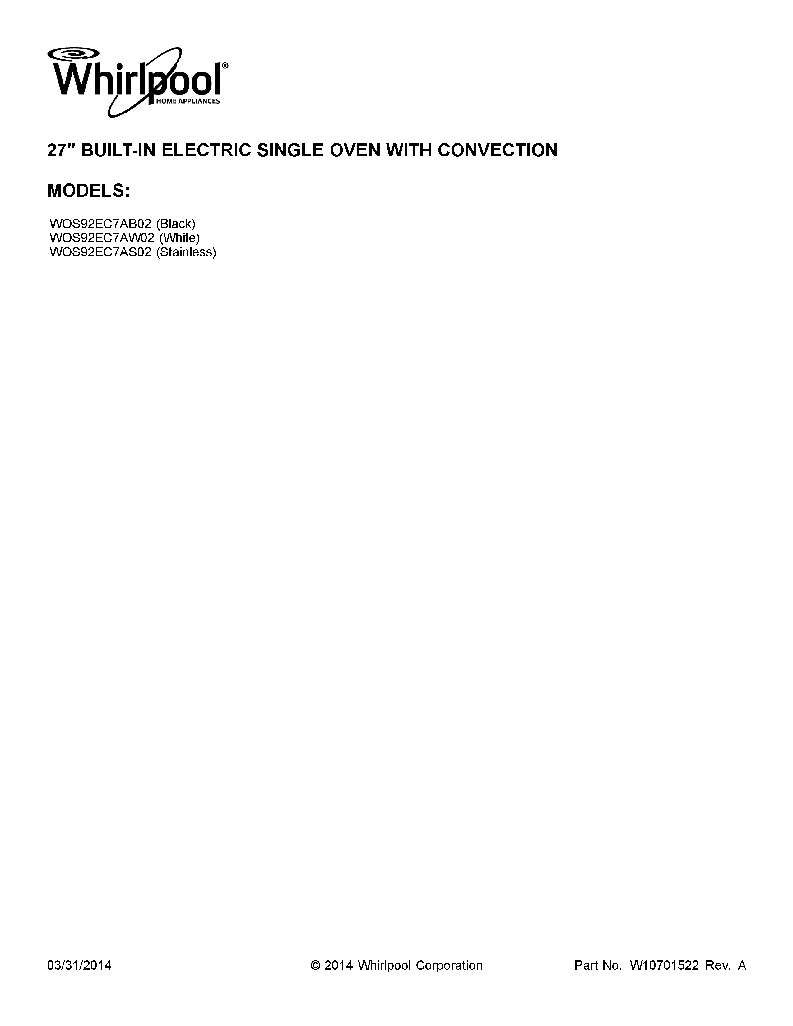 Whirlpool WOS92EC7AW02 cover sheet diagram