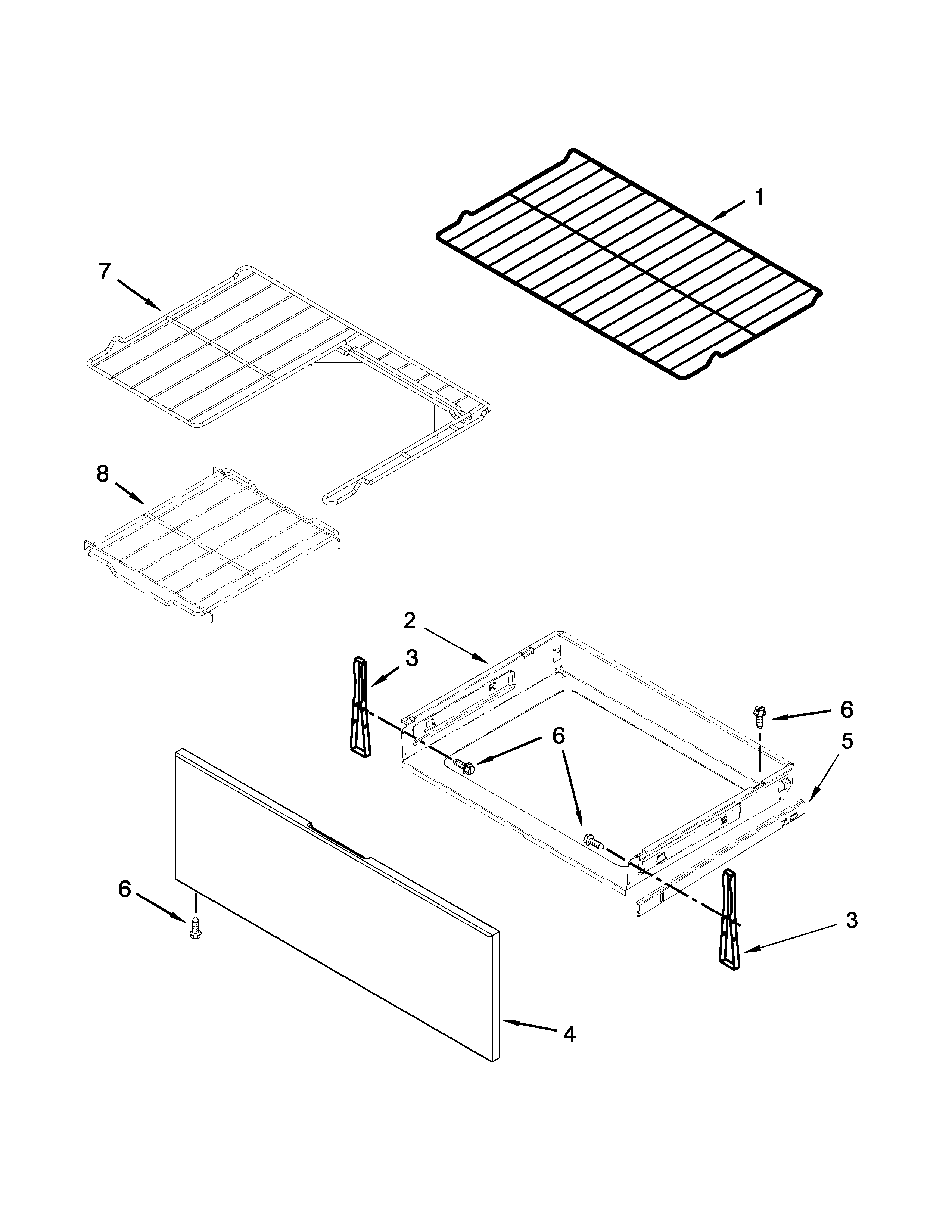 Whirlpool YWFE710H0BS1 drawer and rack parts diagram