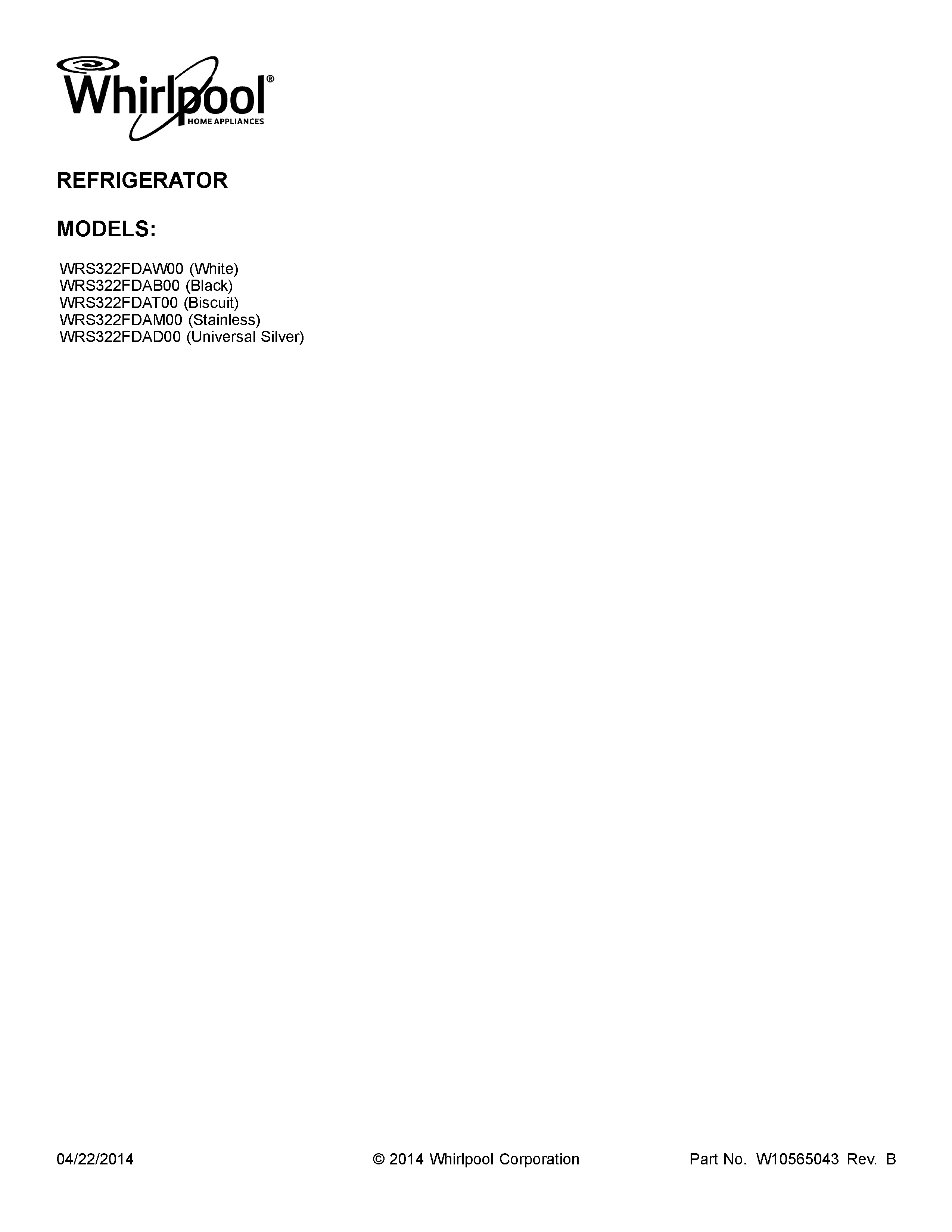 Whirlpool WRS322FDAM00 cover sheet diagram