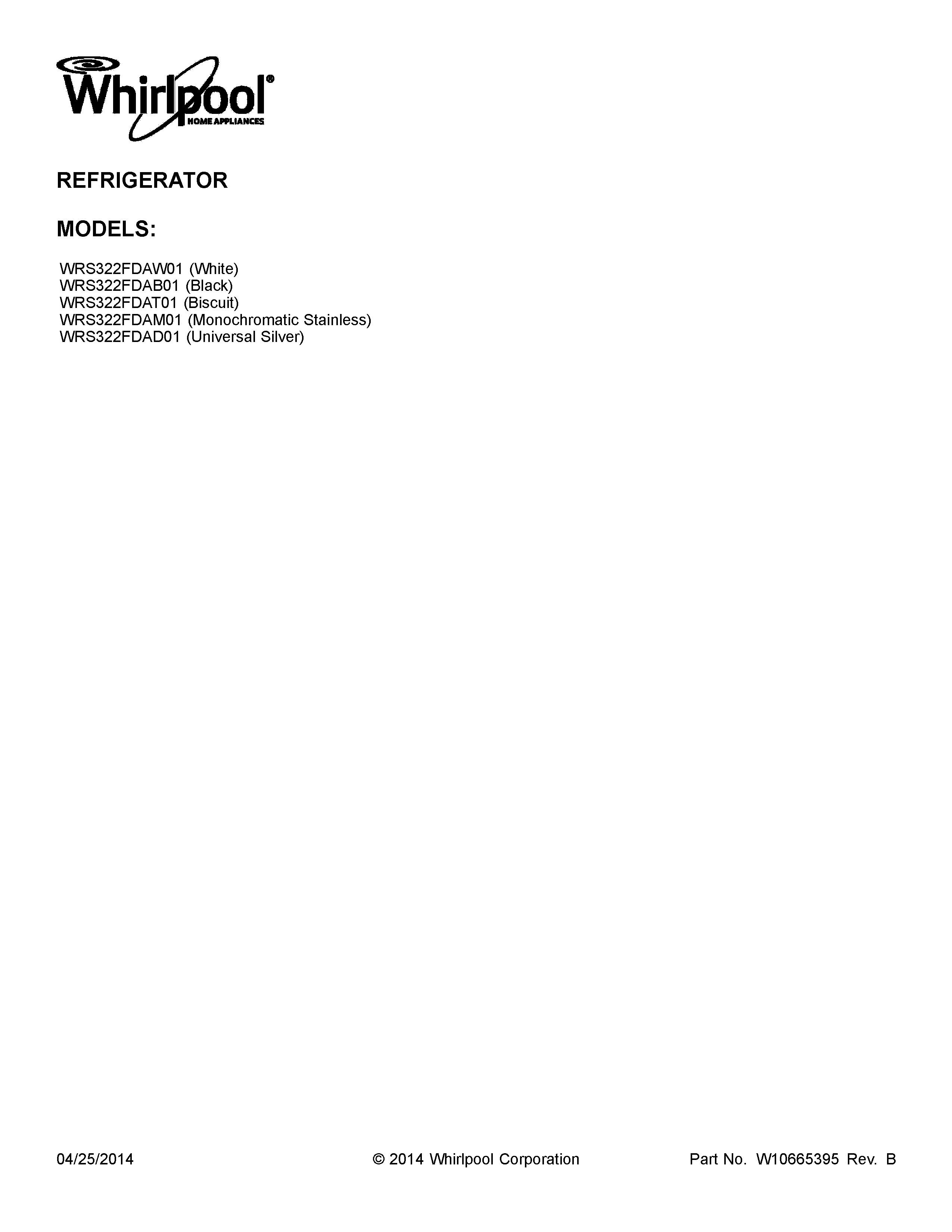 Whirlpool WRS322FDAB01 cover sheet diagram