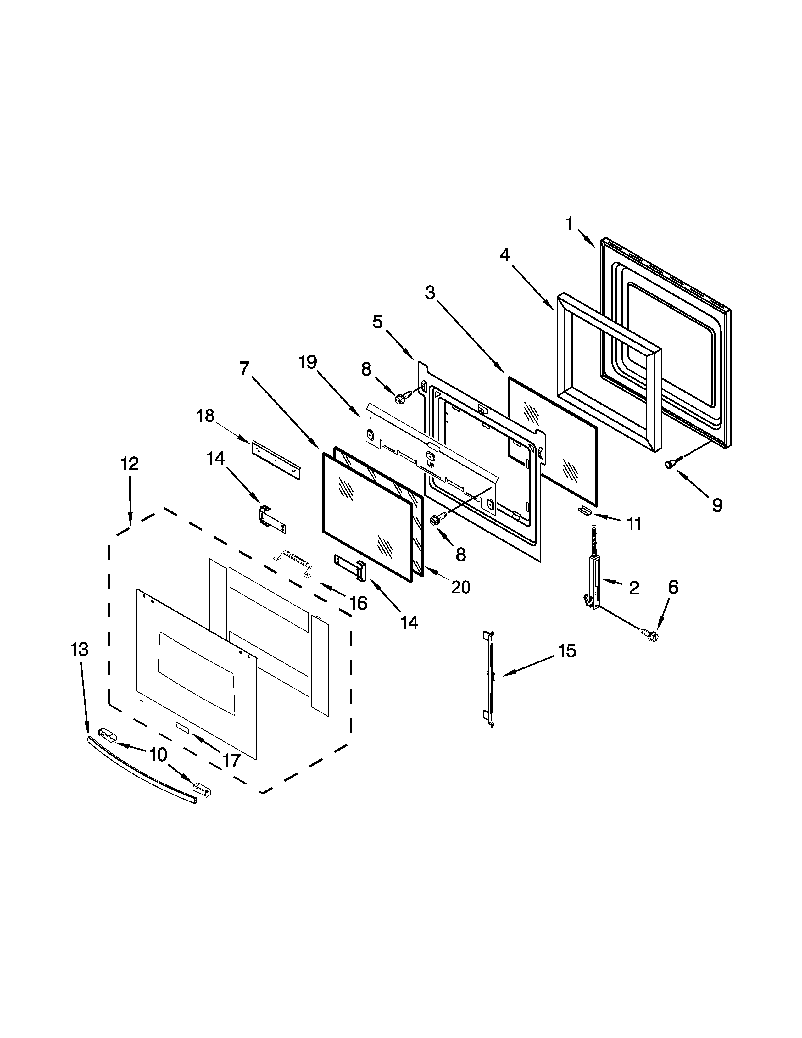 Whirlpool RBS307PVB04 oven door parts diagram