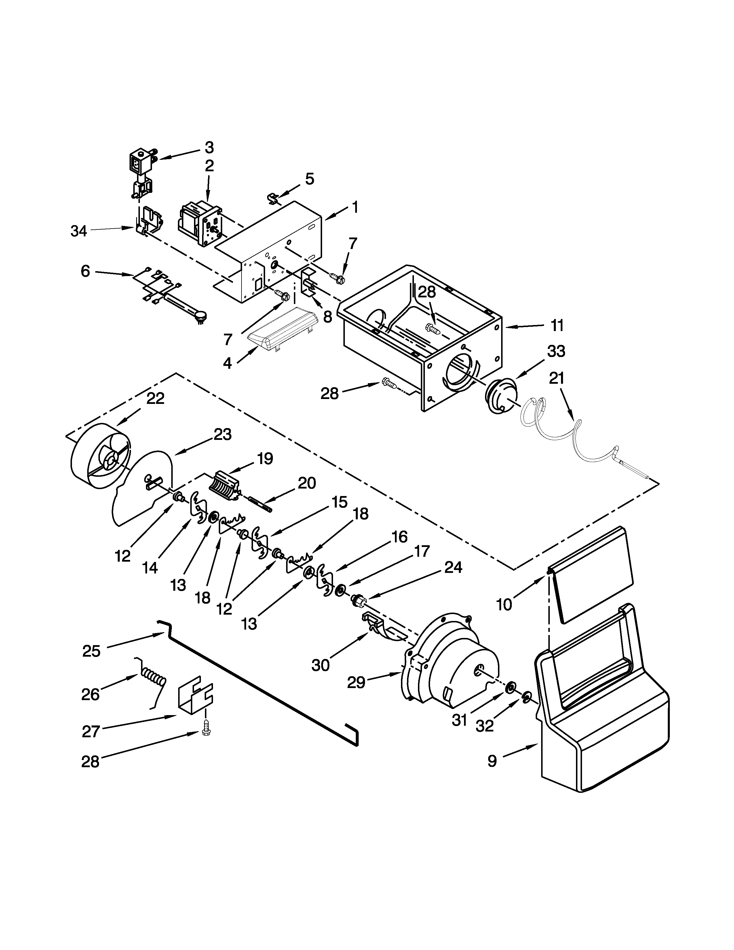 Whirlpool WRS322FDAM02 motor and ice container parts diagram