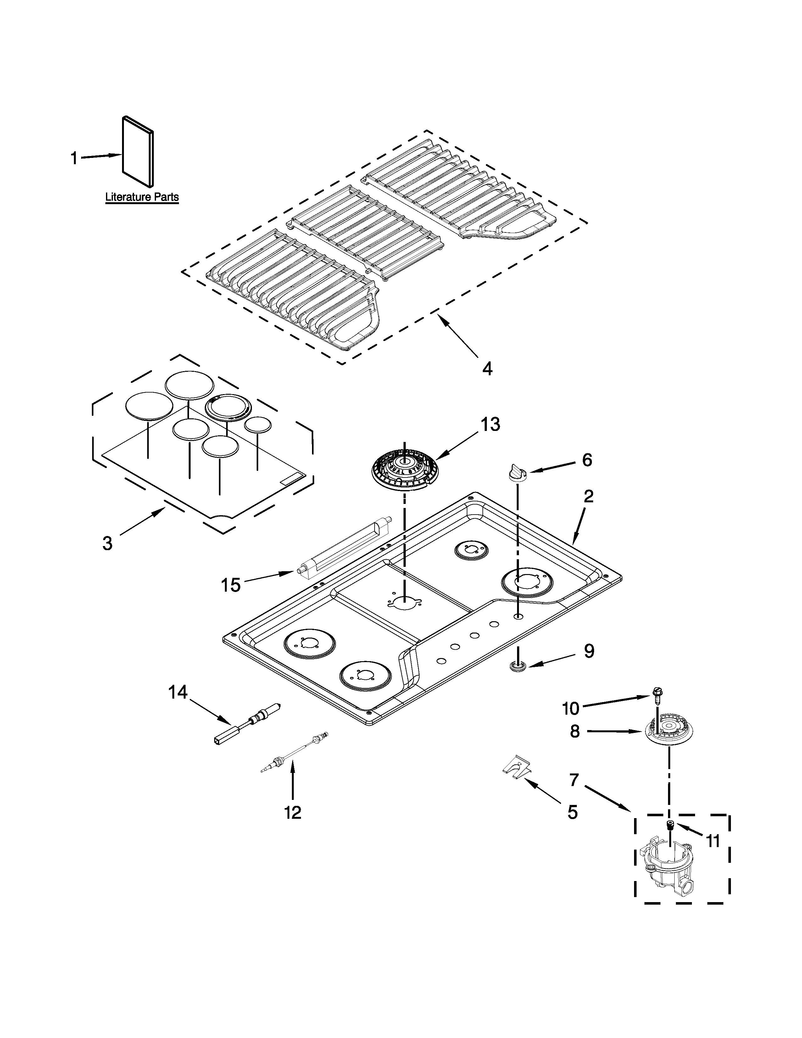 Whirlpool WCG97US0DS00 cooktop, burner and grate parts diagram