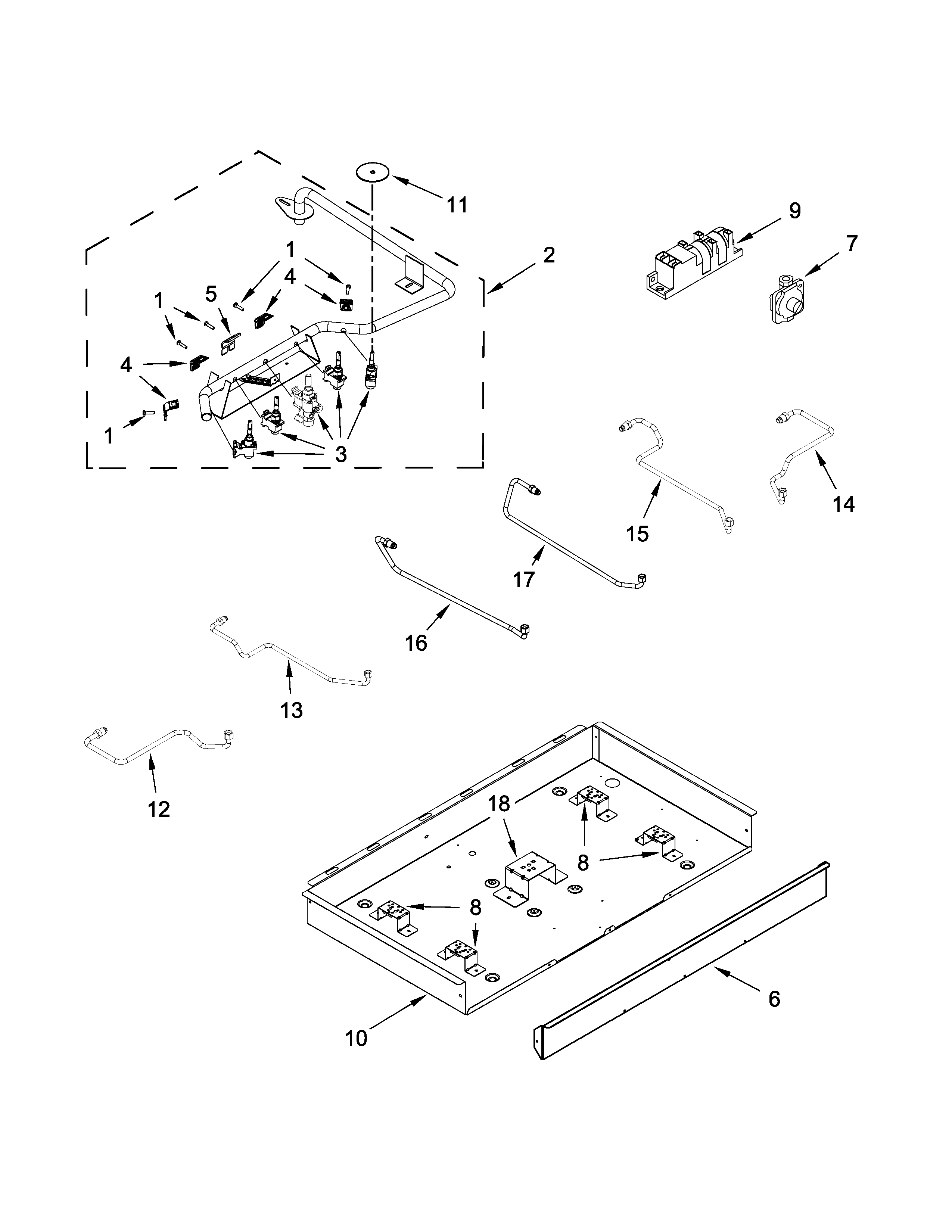 Whirlpool WCG97US0DS00 burner box, gas valves and switch parts diagram
