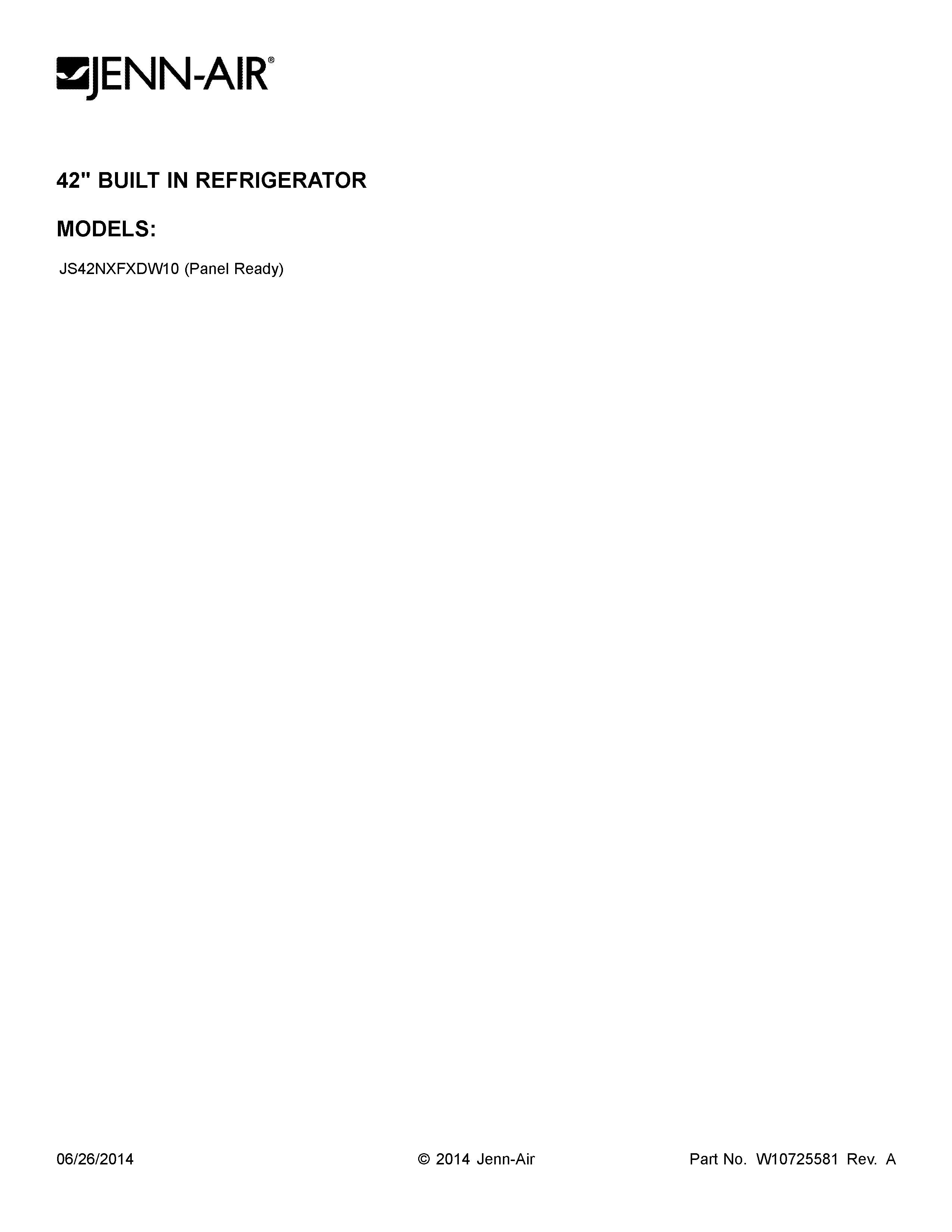 Jenn-Air JS42NXFXDW10 cover sheet diagram