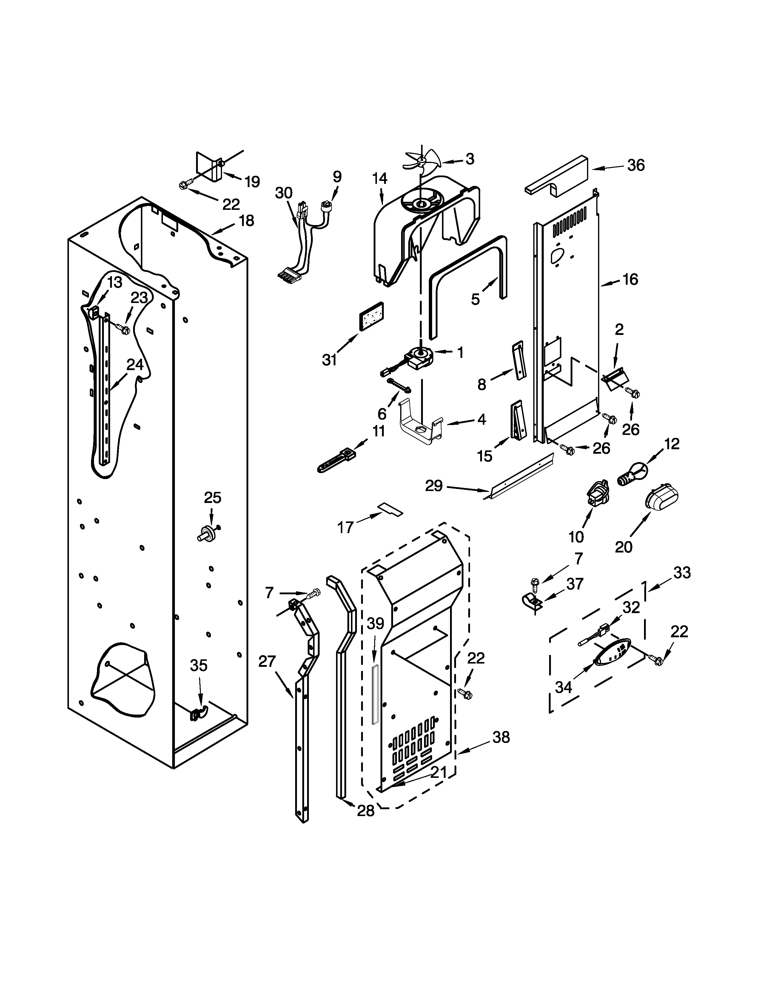 KitchenAid KSSO48FTX20 freezer liner and air flow parts diagram