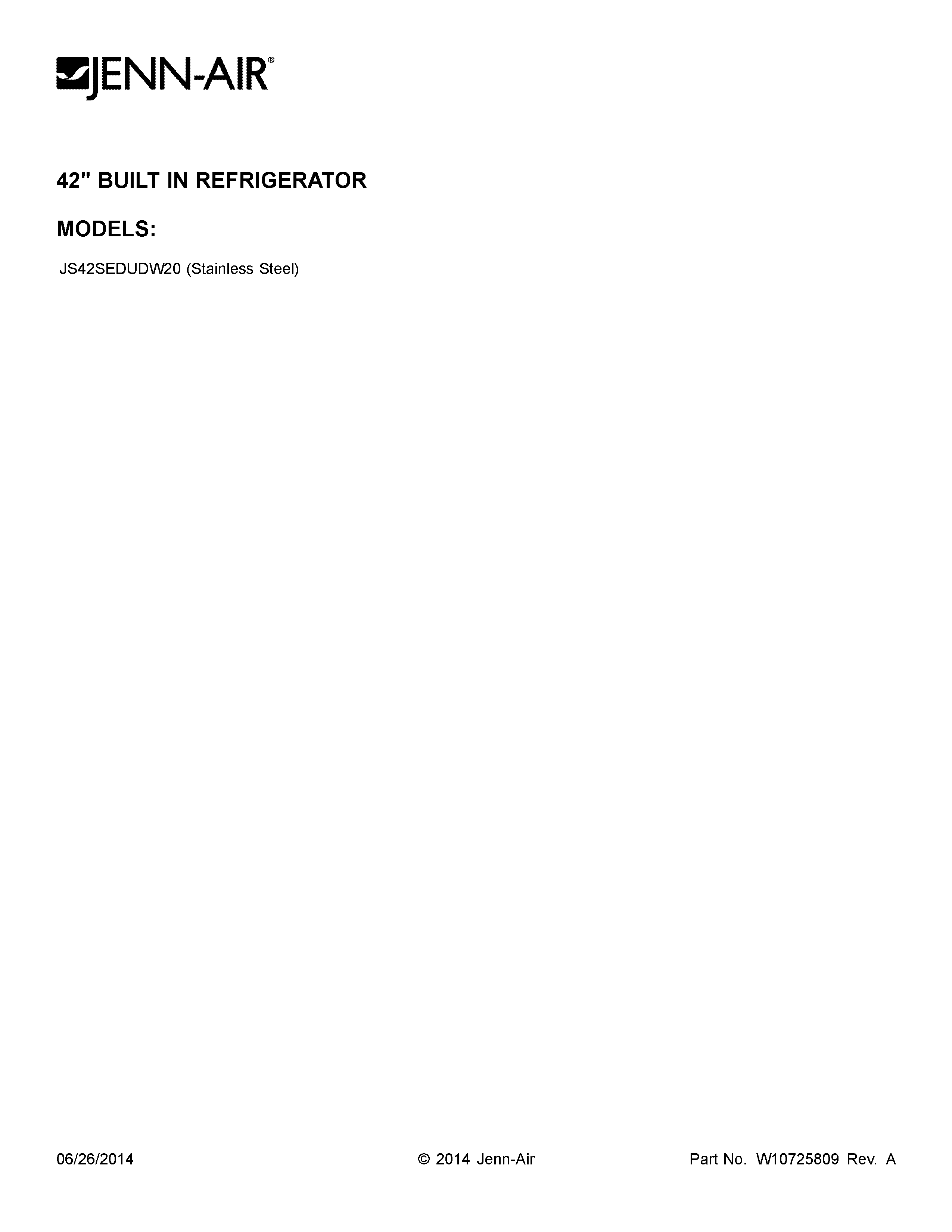 Jenn-Air JS42SEDUDW20 cover sheet diagram