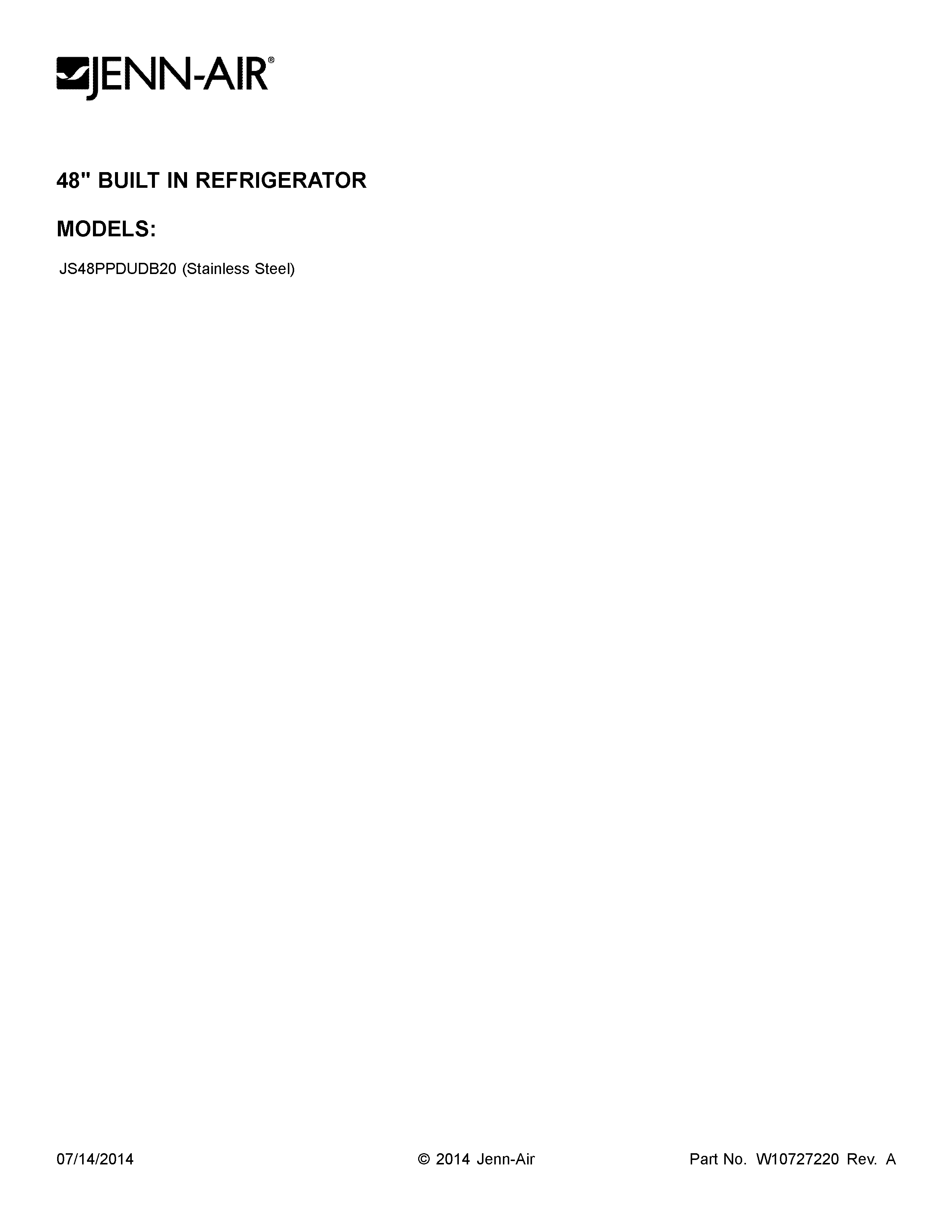 Jenn-Air JS48PPDUDB20 cover sheet diagram