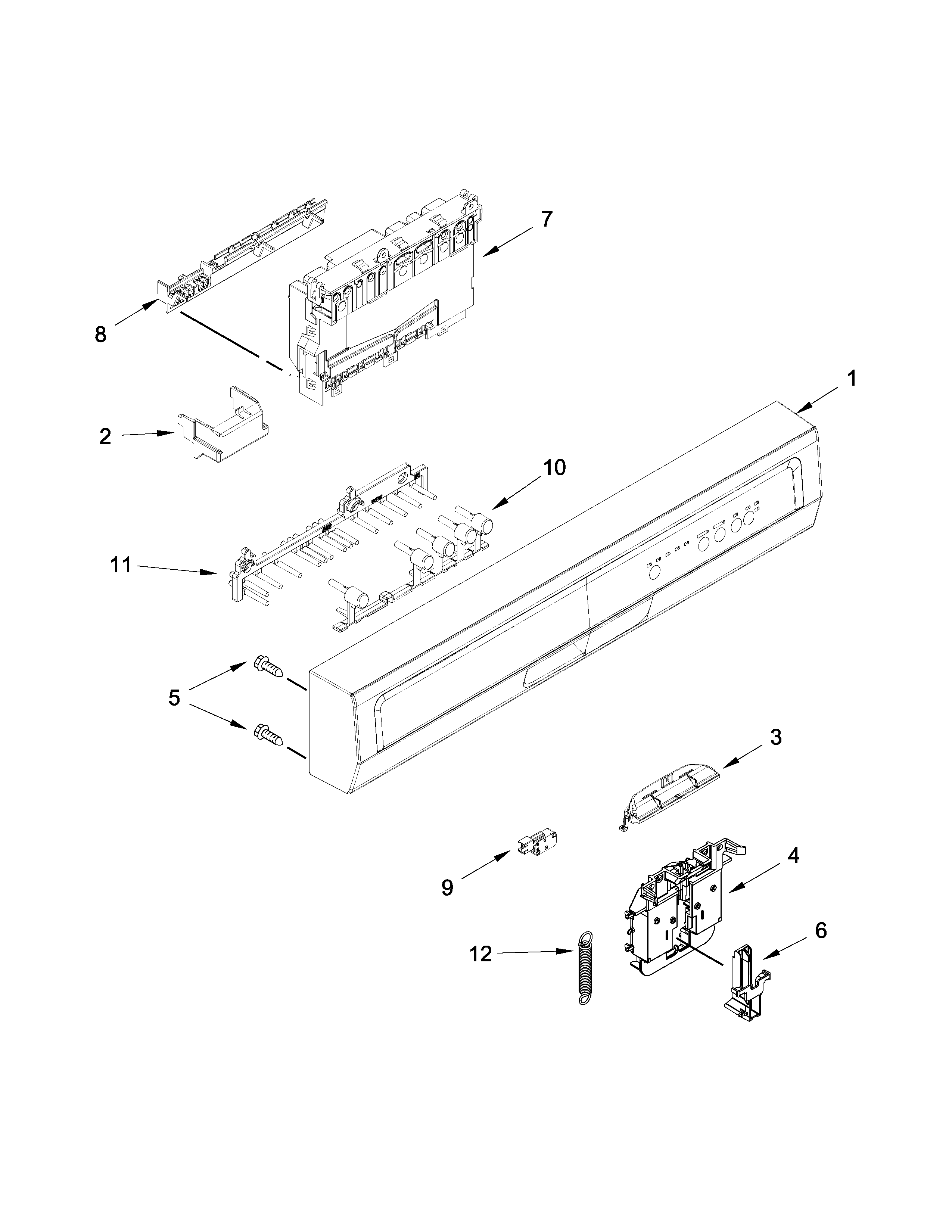 Whirlpool WDF320PADD0 control panel and latch parts diagram