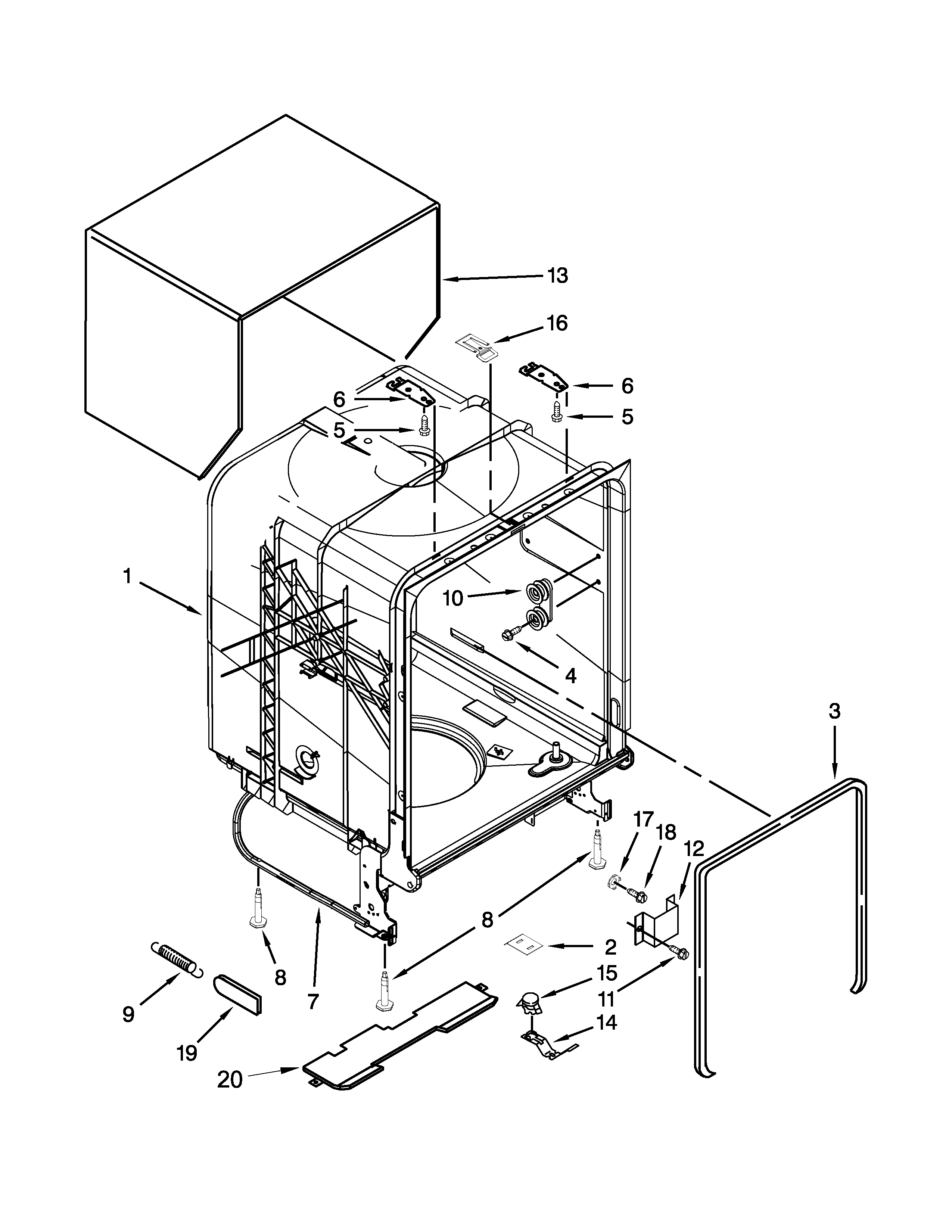 Whirlpool WDF320PADD0 tub and frame parts diagram