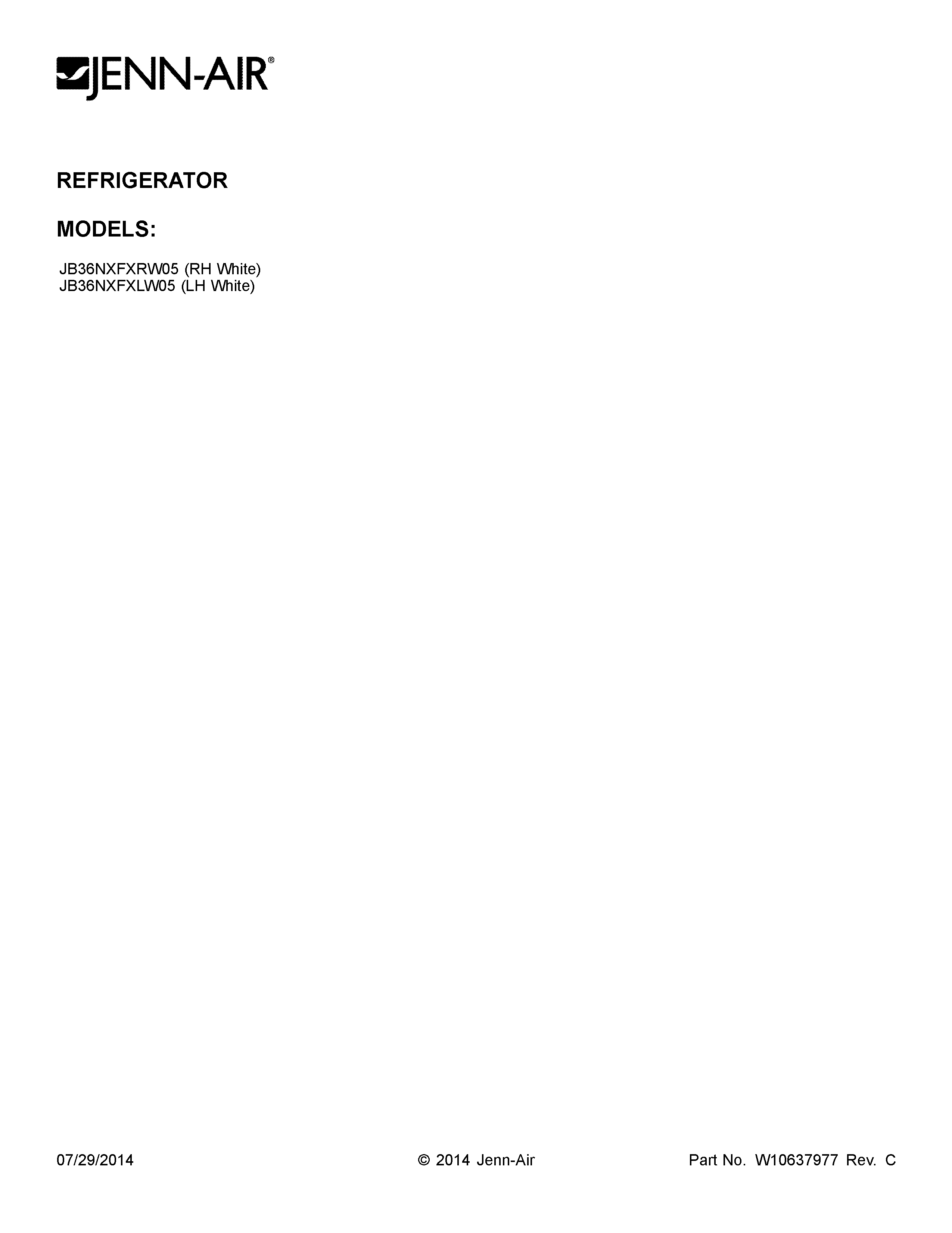 Jenn-Air JB36NXFXRW05 cover sheet diagram