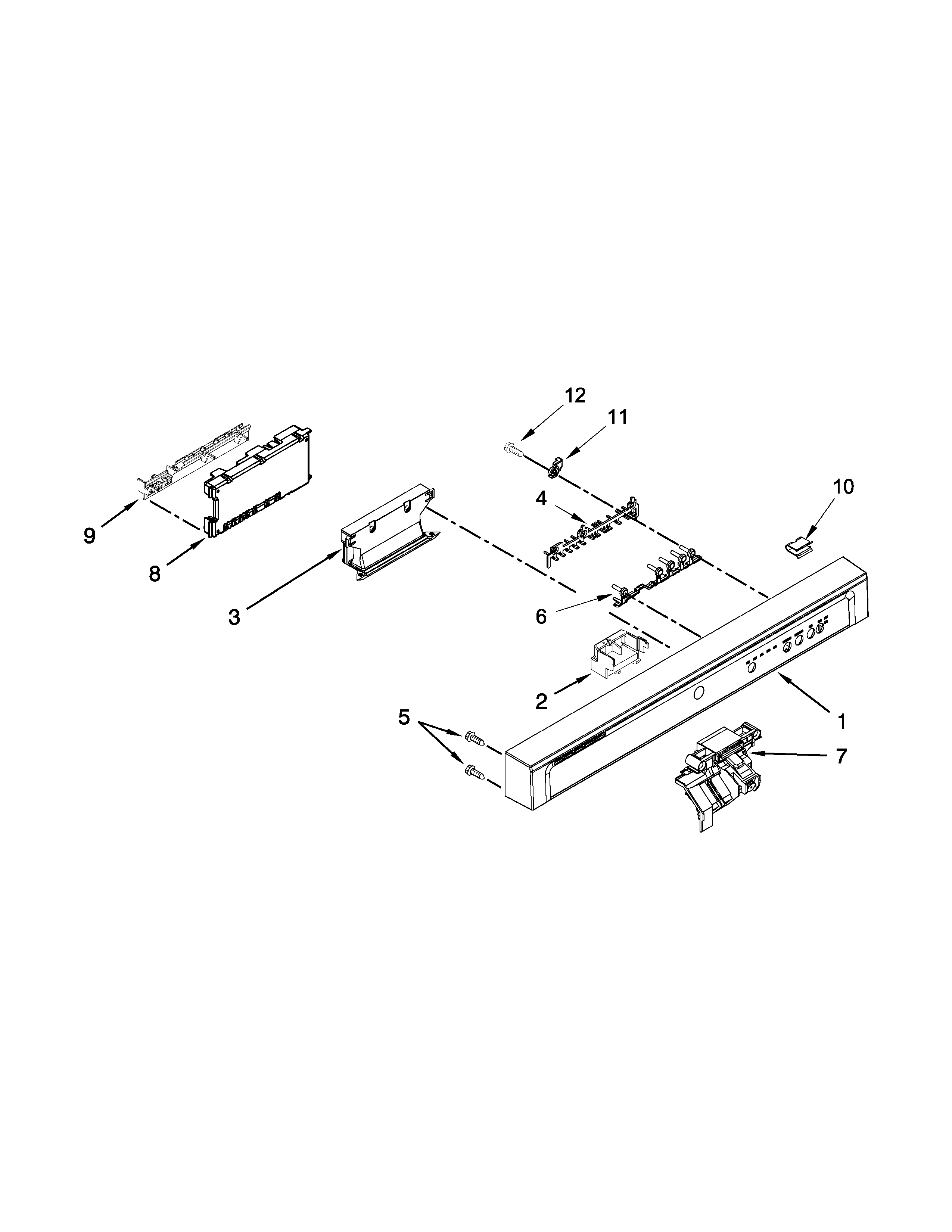 Whirlpool WDF540PADM0 control panel and latch parts diagram