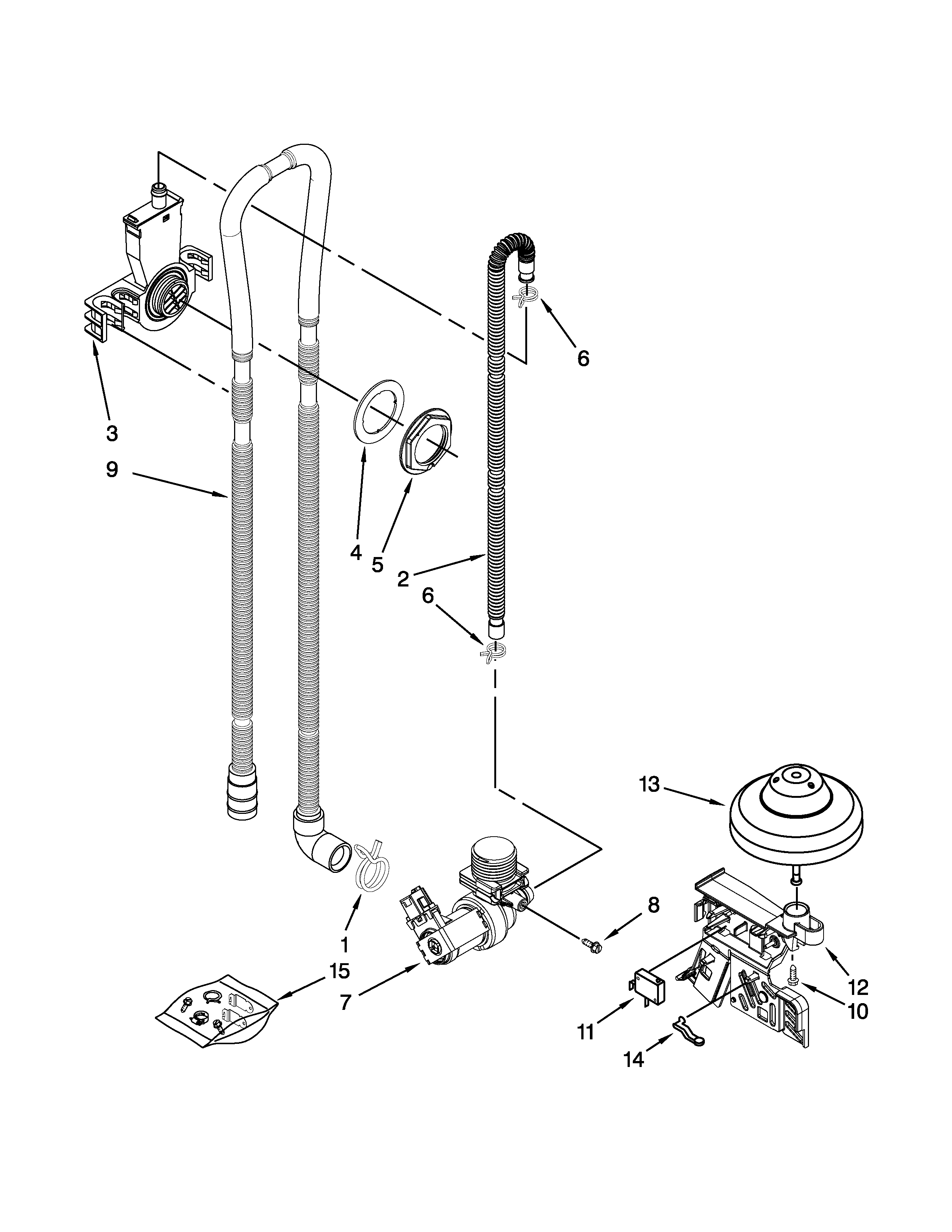 Whirlpool WDF540PADM0 fill, drain and overfill parts diagram