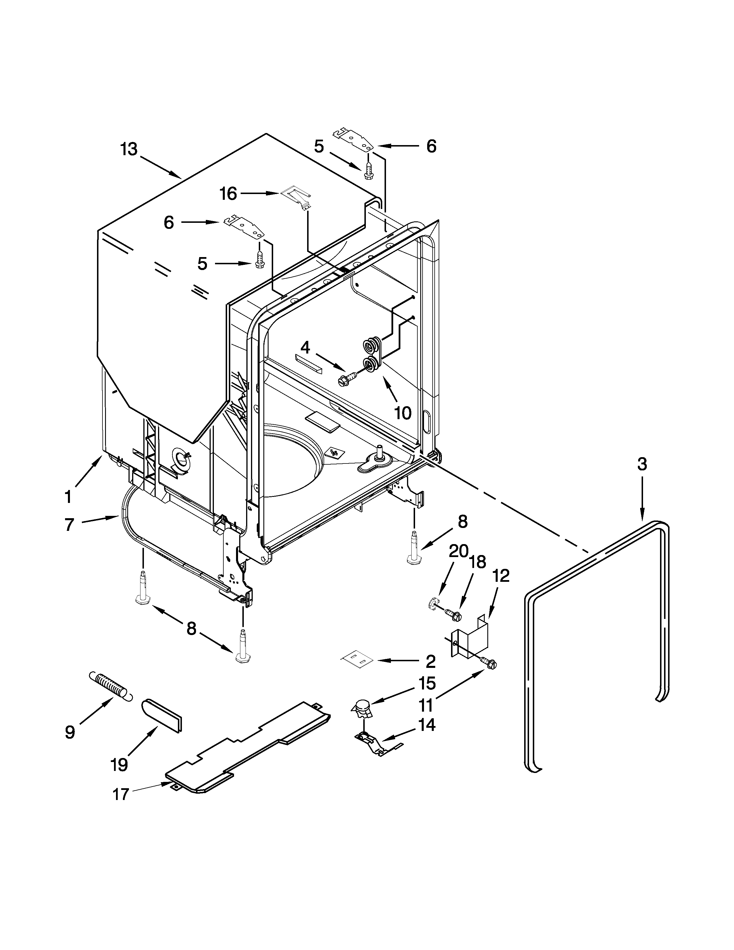 Whirlpool WDF540PADM0 tub and frame parts diagram