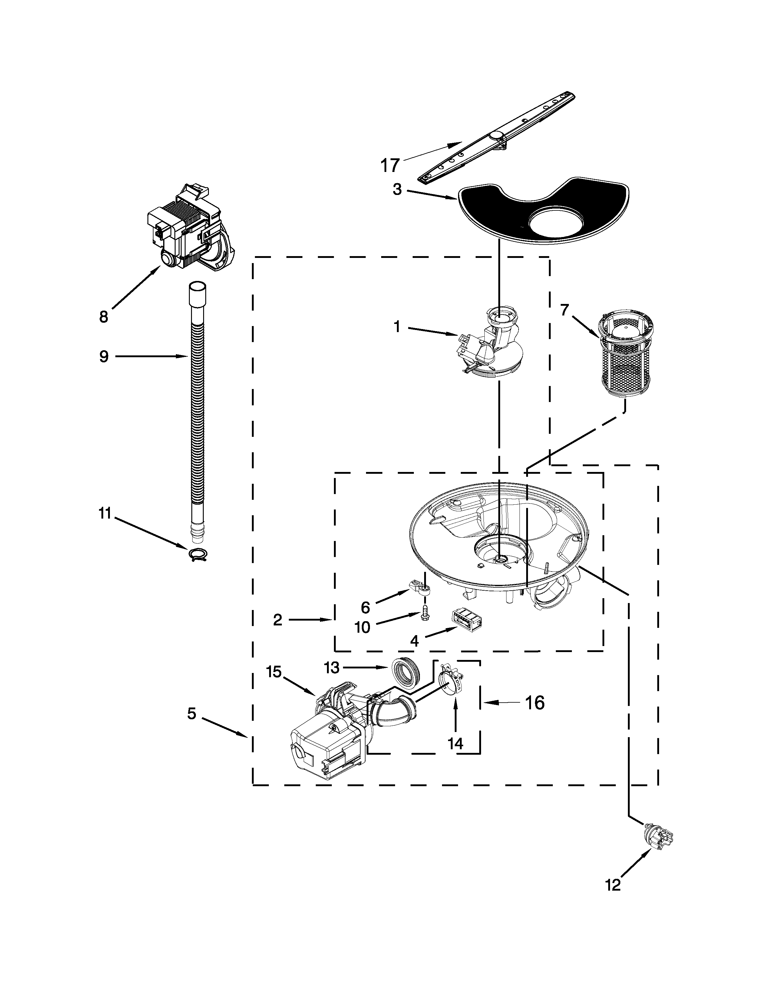 Whirlpool WDF540PADM0 pump, washarm and motor parts diagram