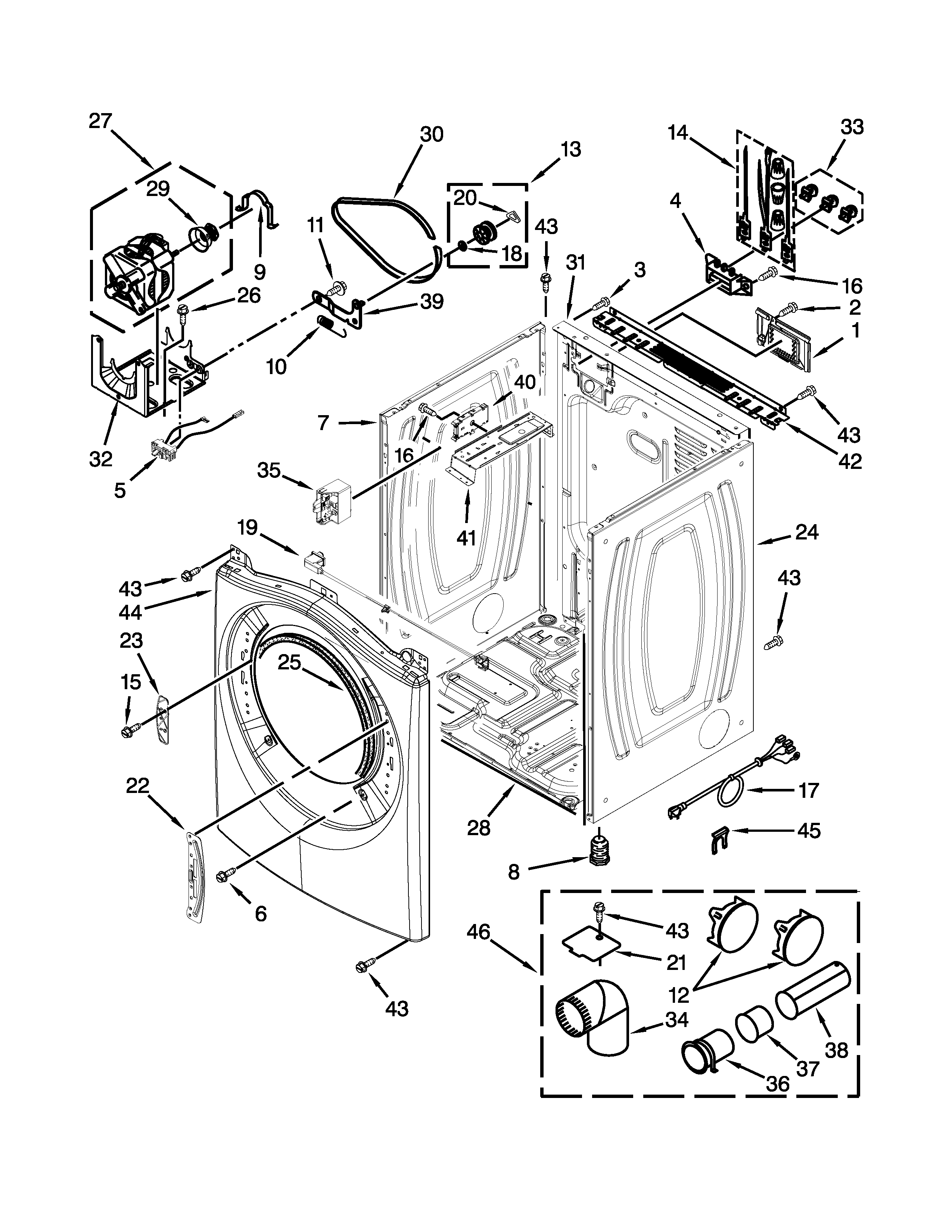 Whirlpool YWED97HEXR0 cabinet parts diagram