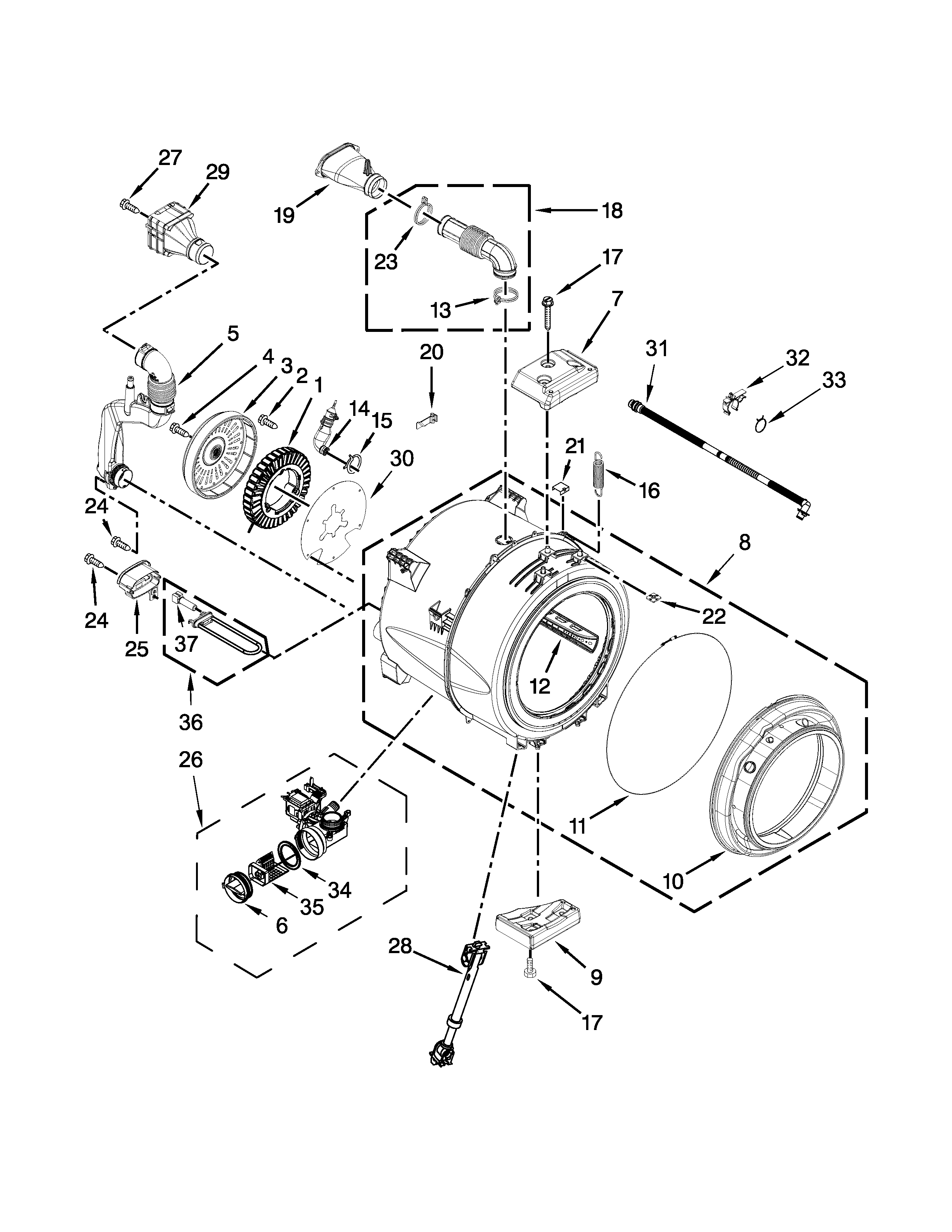Whirlpool WFW88HEAW1 tub and basket parts diagram