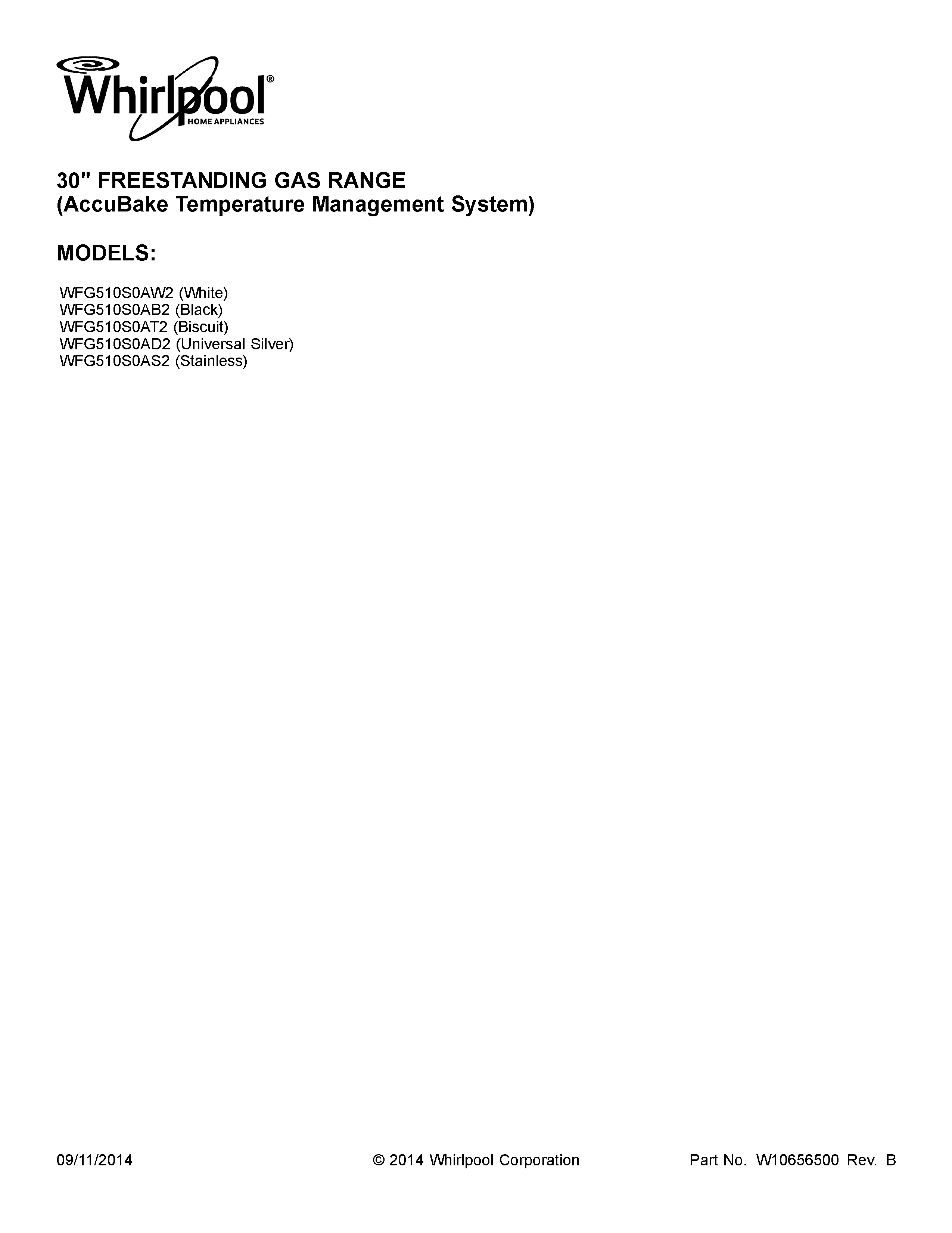 Whirlpool WFG510S0AW2 cover sheet diagram