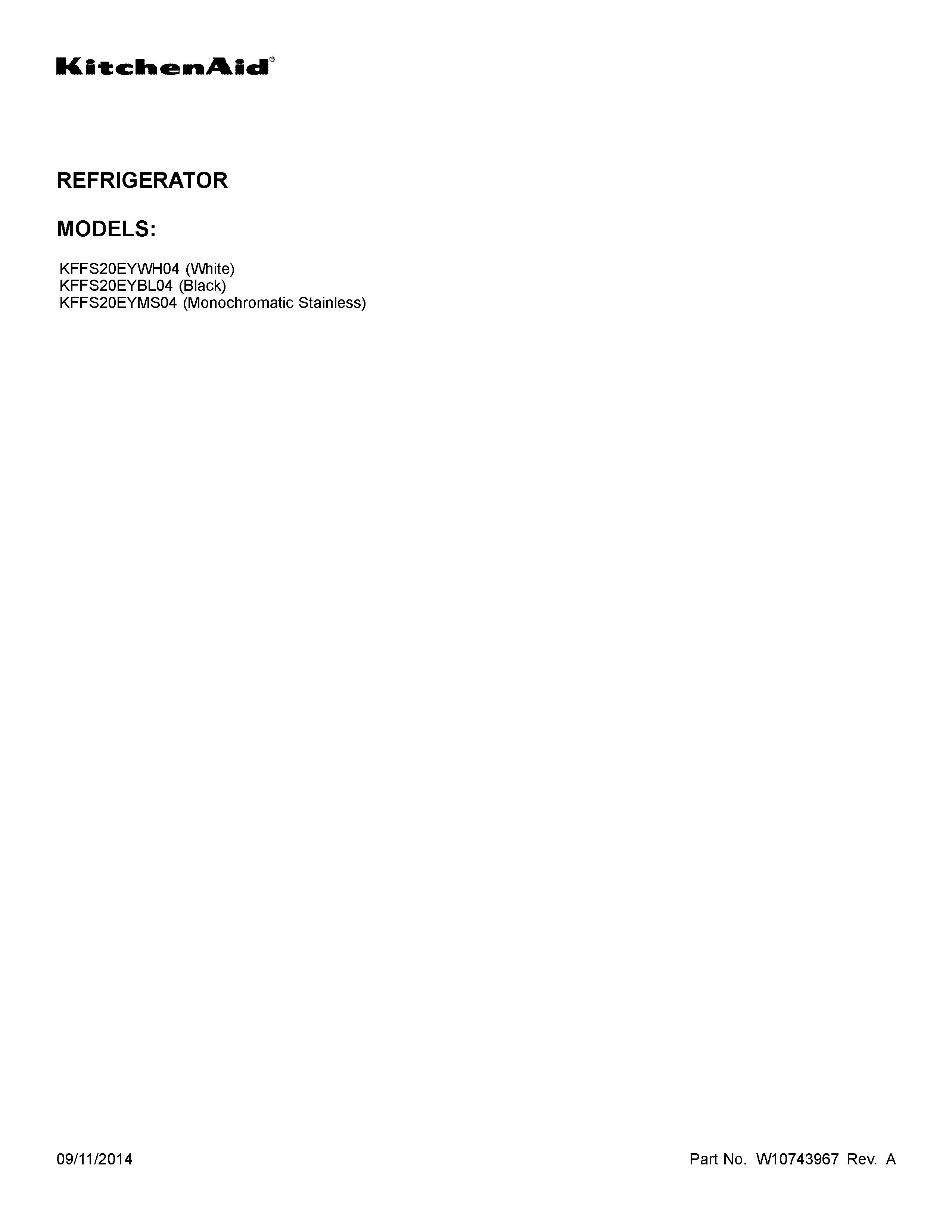 KitchenAid KFFS20EYWH04 cover sheet diagram