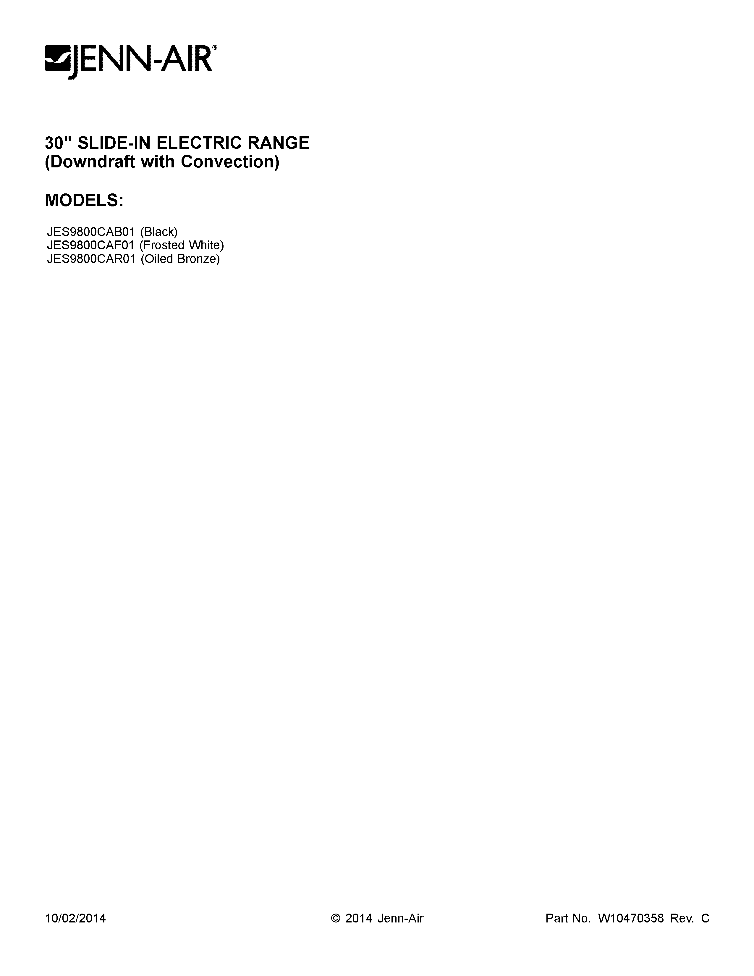Jenn-Air JES9800CAB01 cover sheet diagram