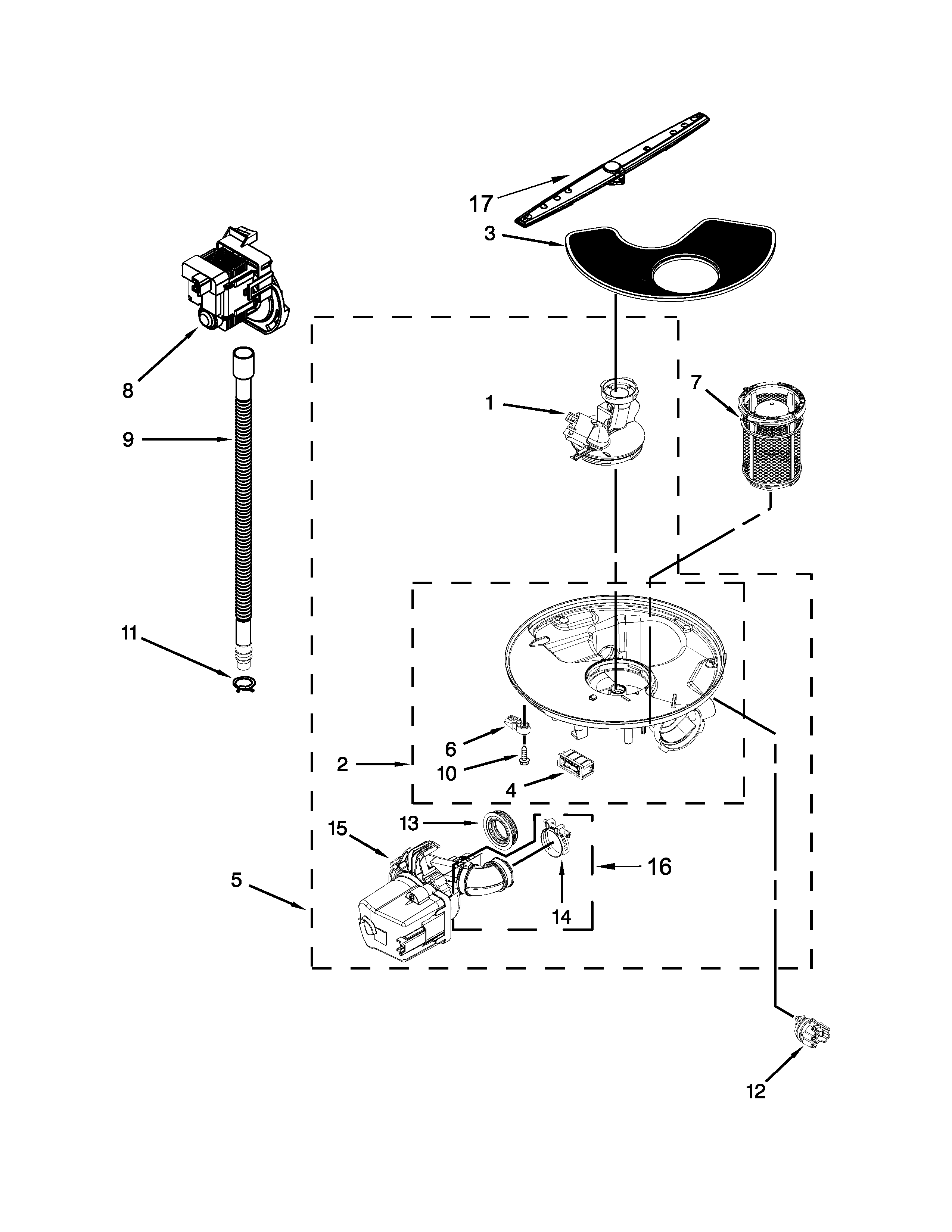 Whirlpool WDF540PADW1 pump, washarm and motor parts diagram