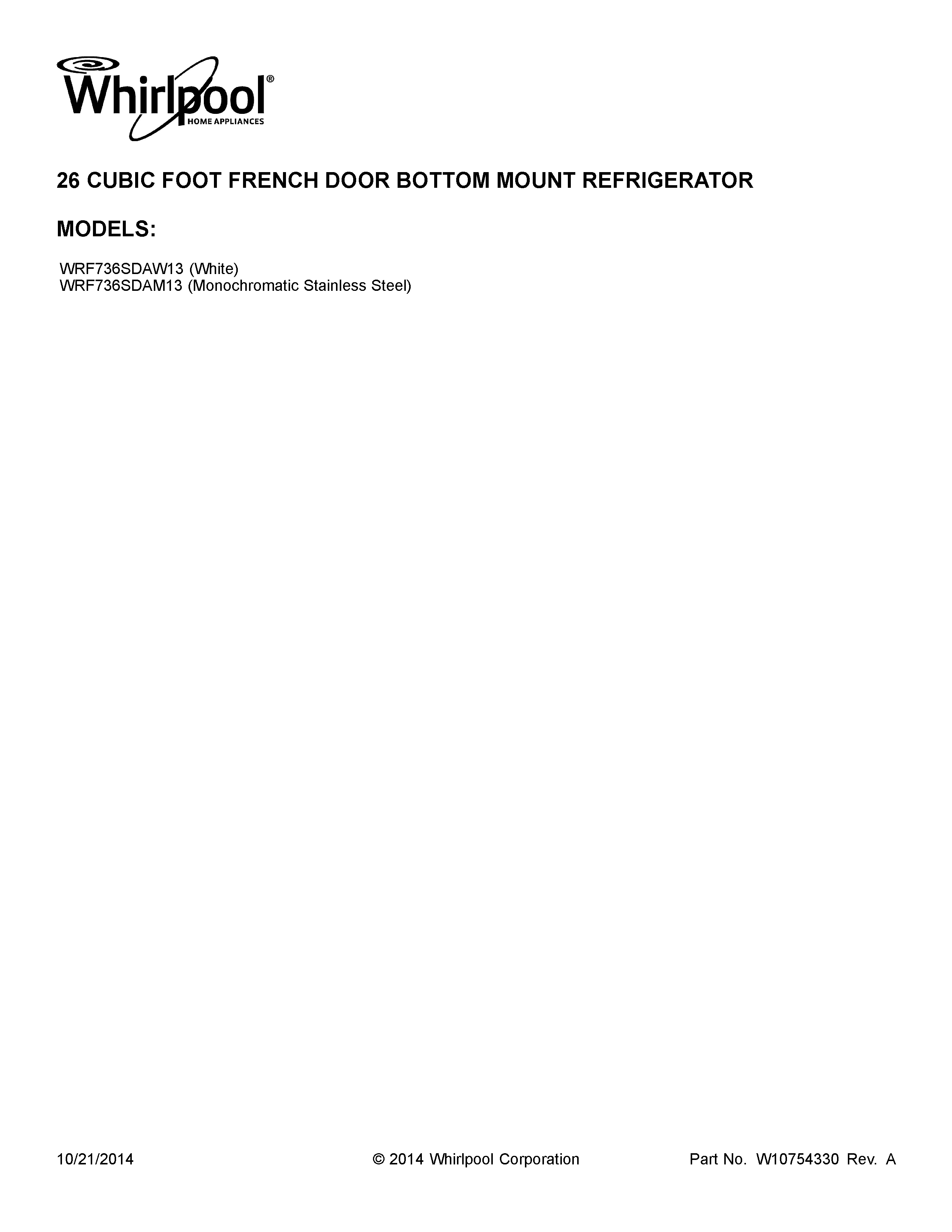Whirlpool WRF736SDAW13 cover sheet diagram