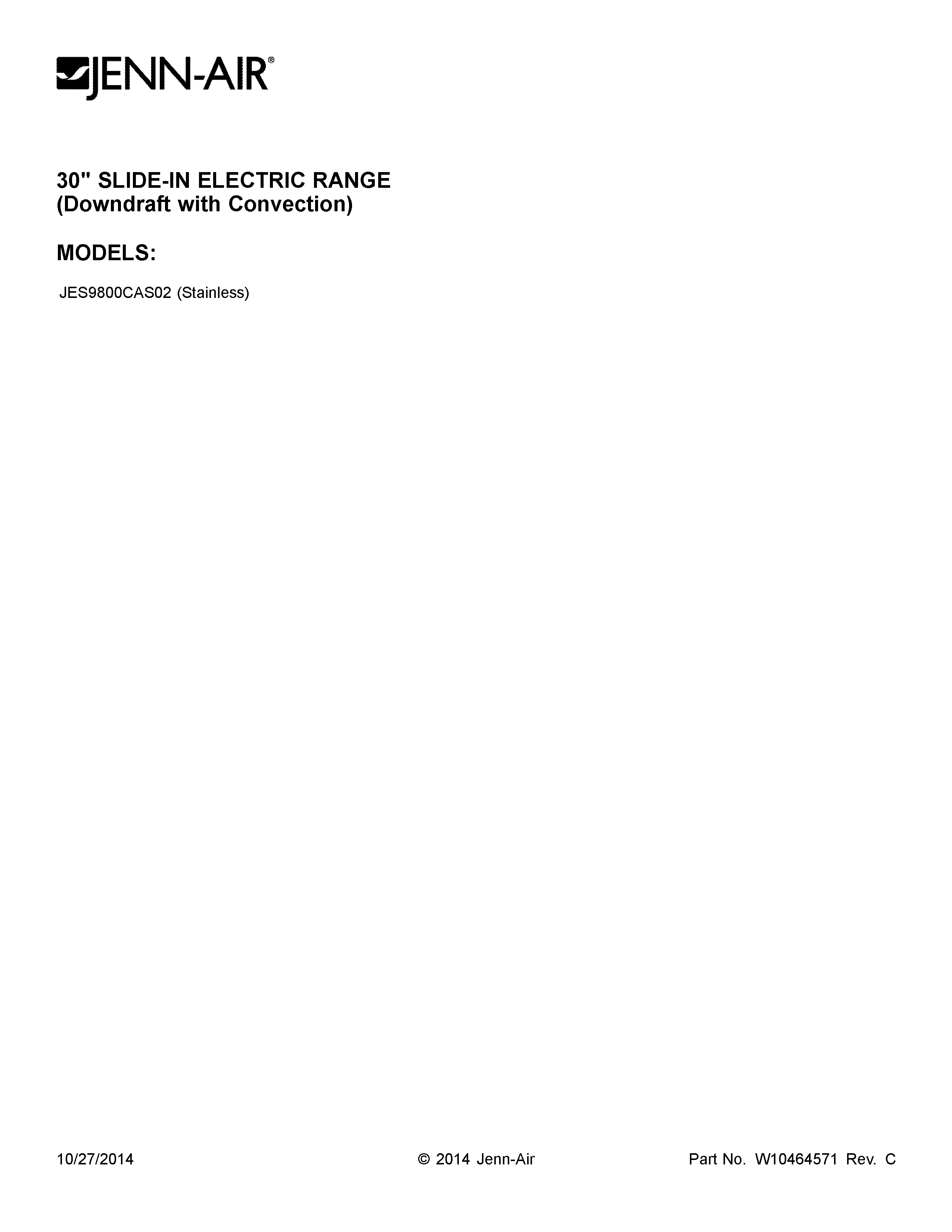 Jenn-Air JES9800CAS02 cover sheet diagram