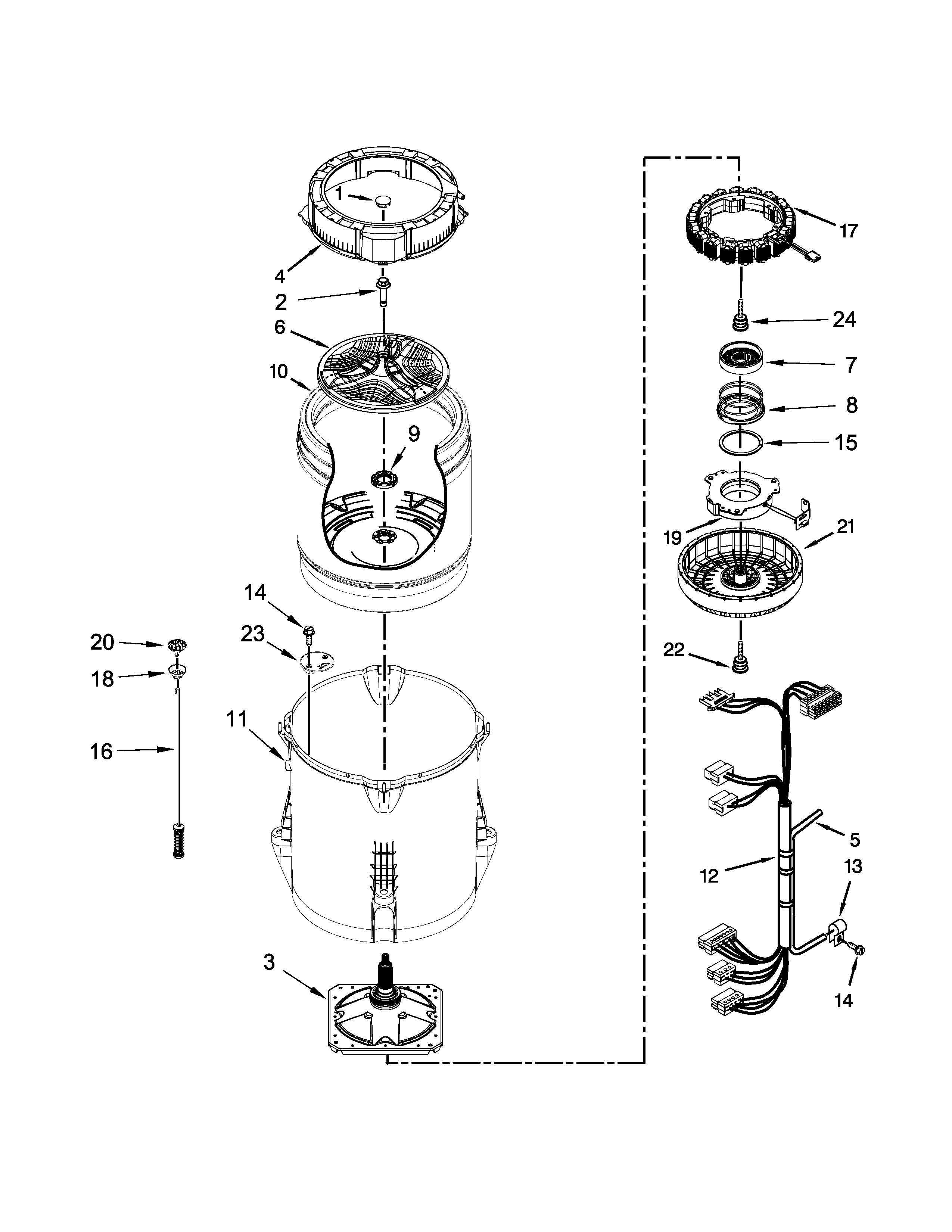 Whirlpool WTW7040DW0 motor, basket and tub parts diagram
