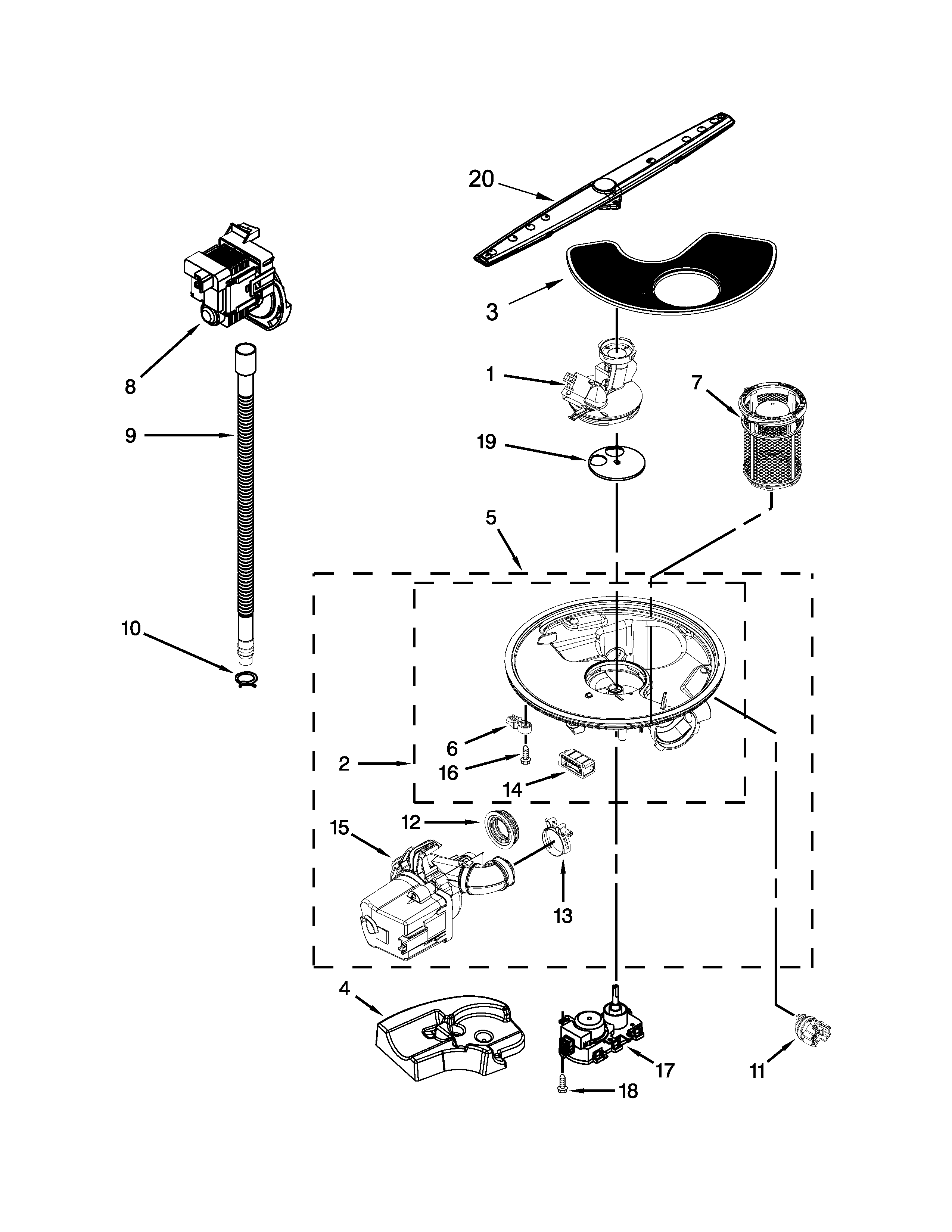 Whirlpool 7WDT770PAYM0 pump washarm and motor parts diagram