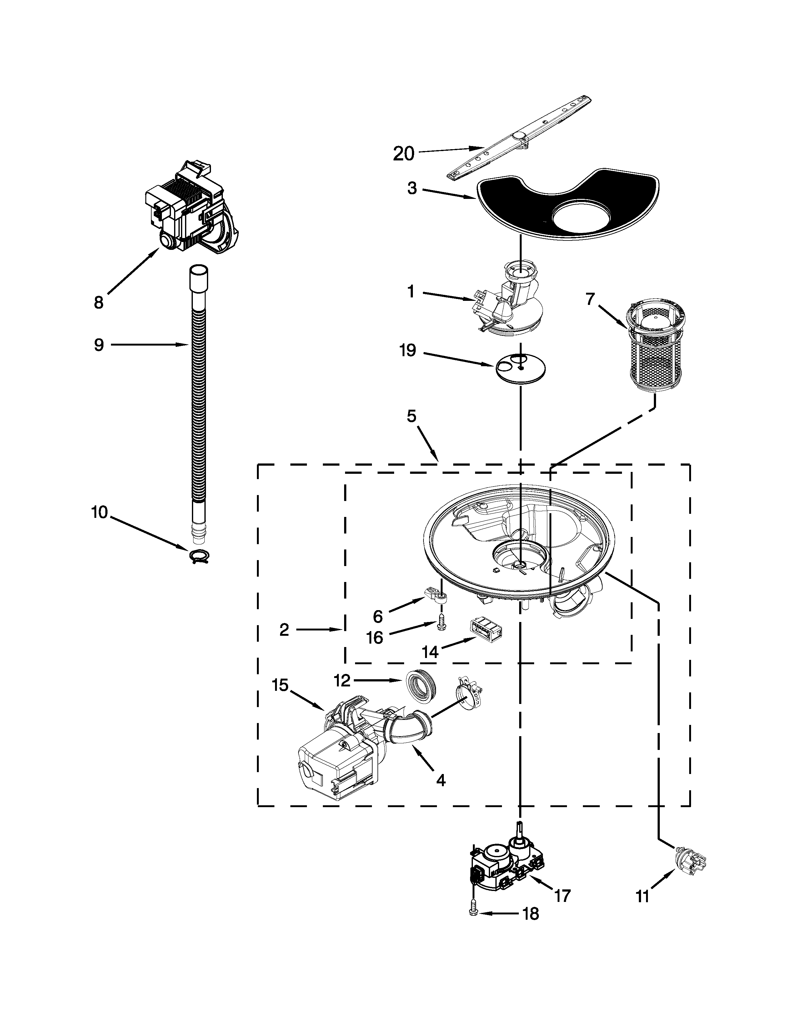 Whirlpool 7WDT770PAYM1 pump washarm and motor parts diagram