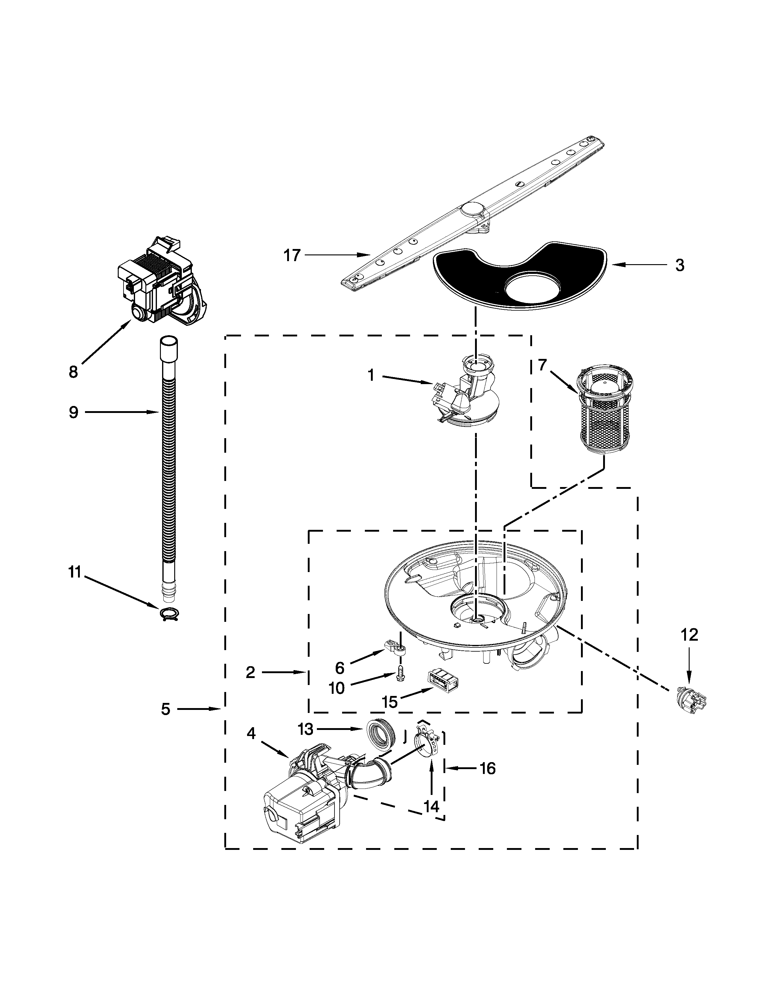 Whirlpool WDF320PADB1 pump, washarm and motor parts diagram