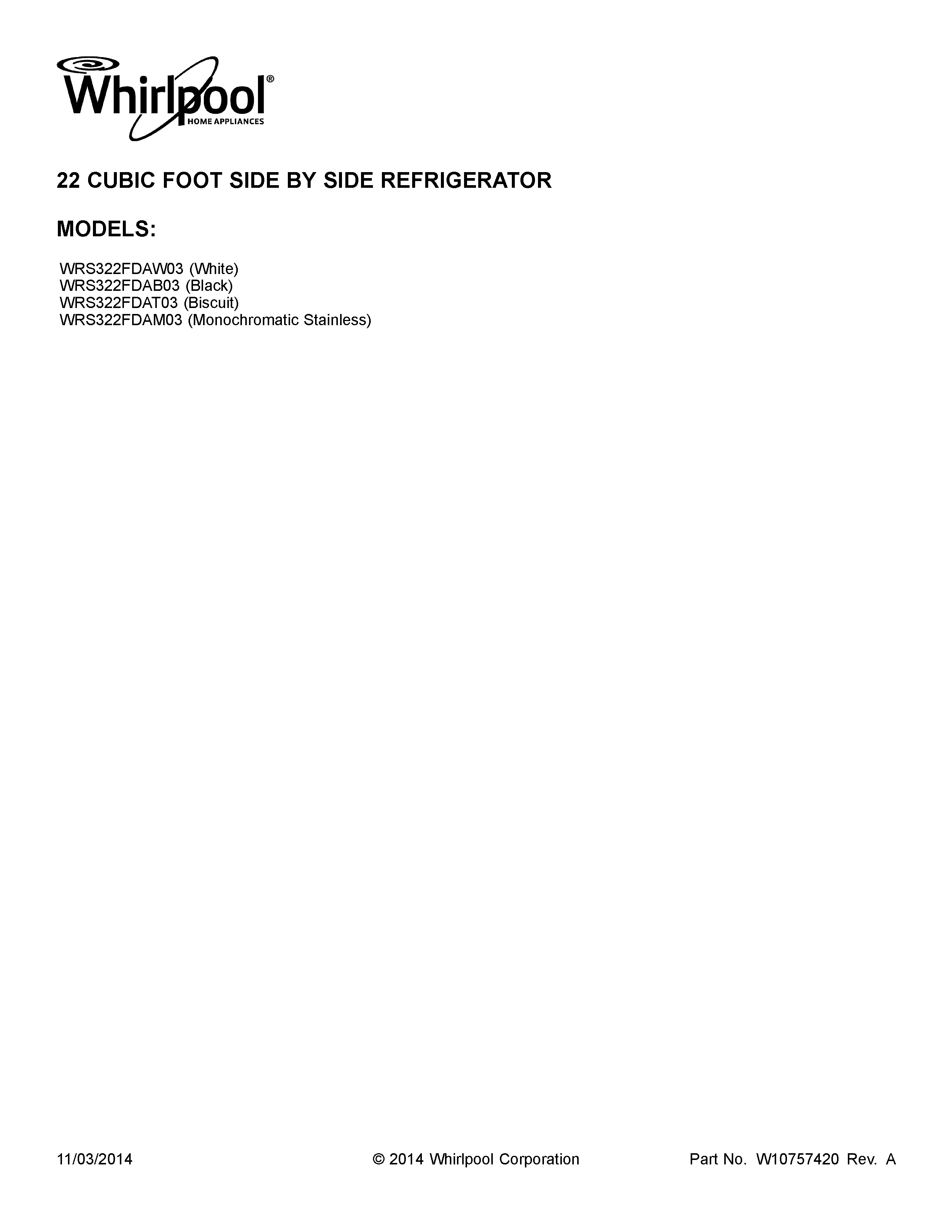 Whirlpool WRS322FDAB03 cover sheet diagram