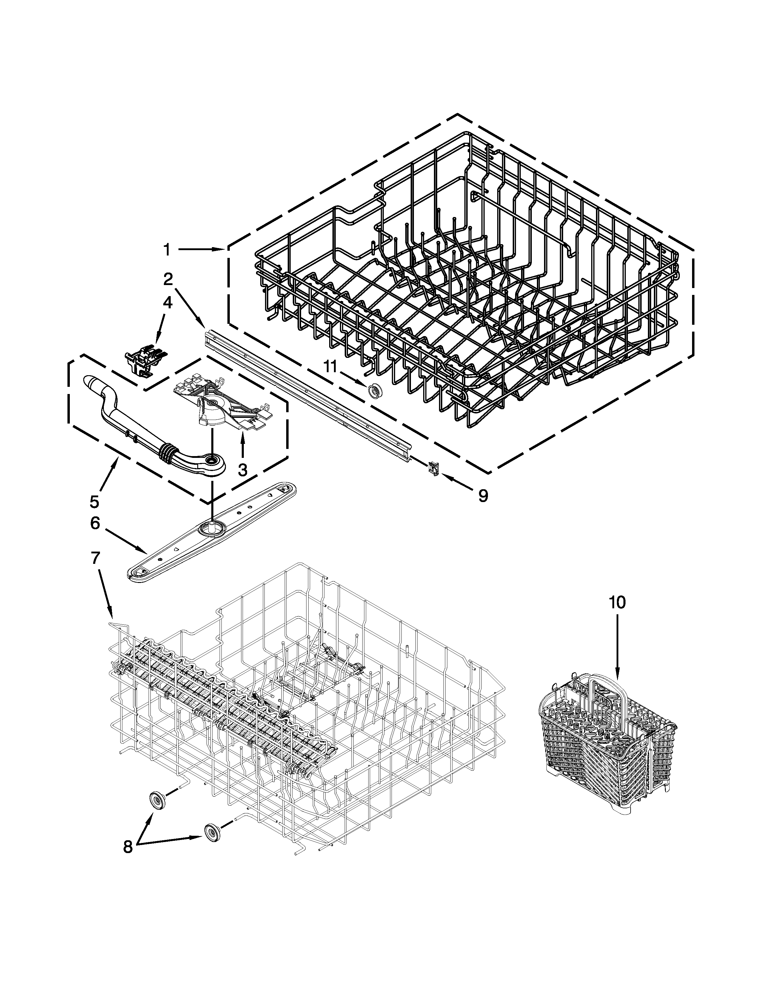 Maytag MDBH980AWS0 upper and lower rack parts diagram