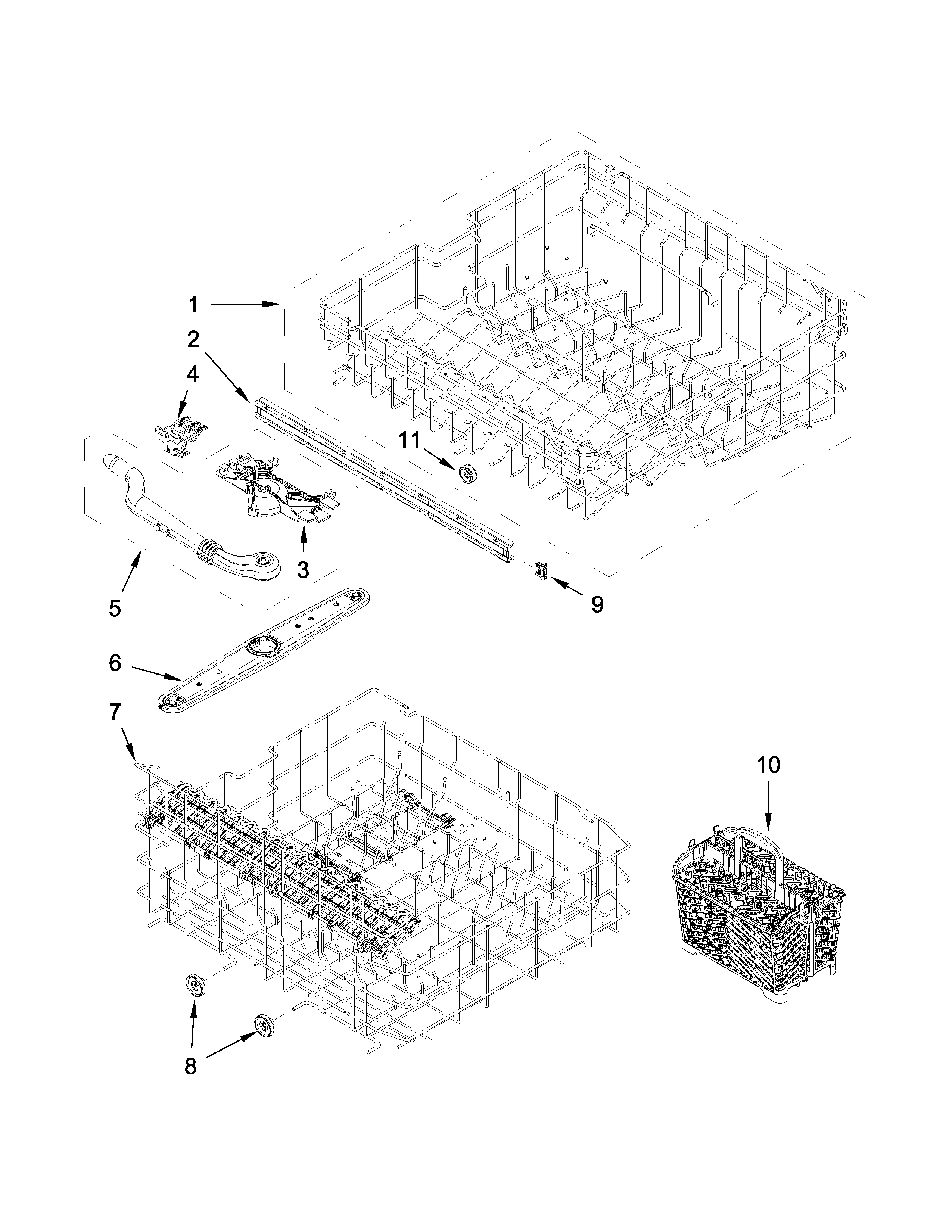 Maytag MDBH980AWB1 upper and lower rack parts diagram