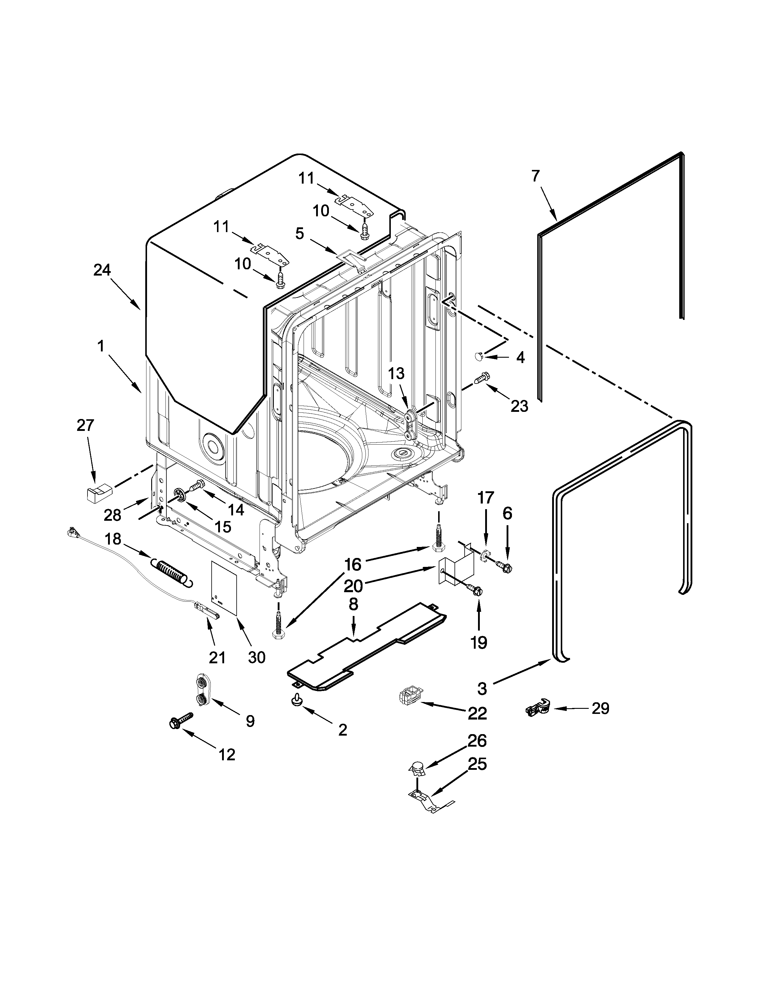 KitchenAid KDTE404DSP0 tub and frame parts diagram