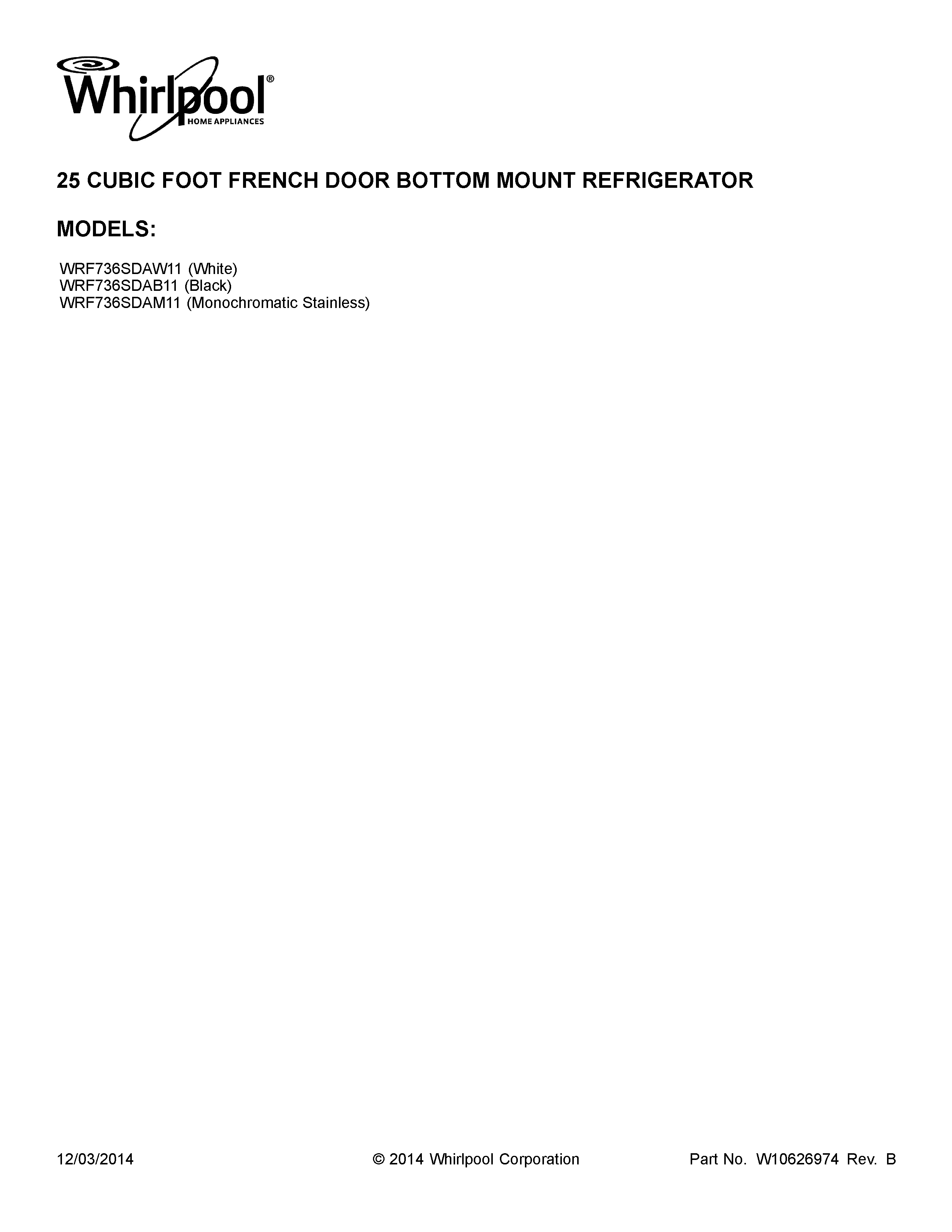 Whirlpool WRF736SDAW11 cover sheet diagram