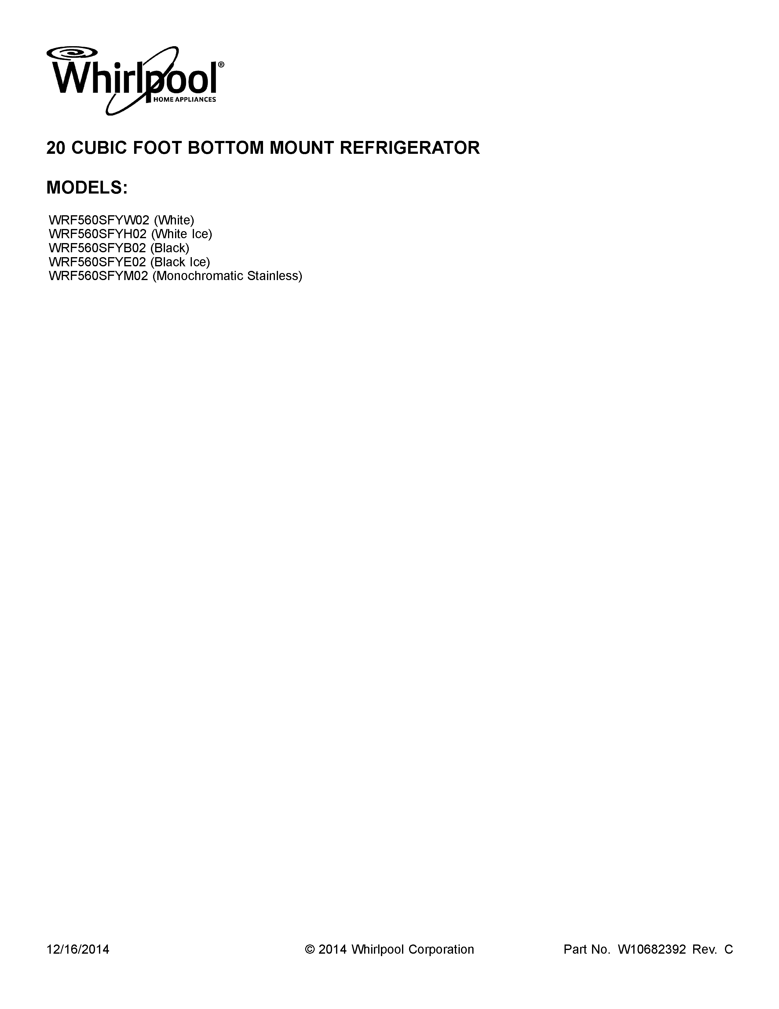 Whirlpool WRF560SFYE02 cover sheet diagram