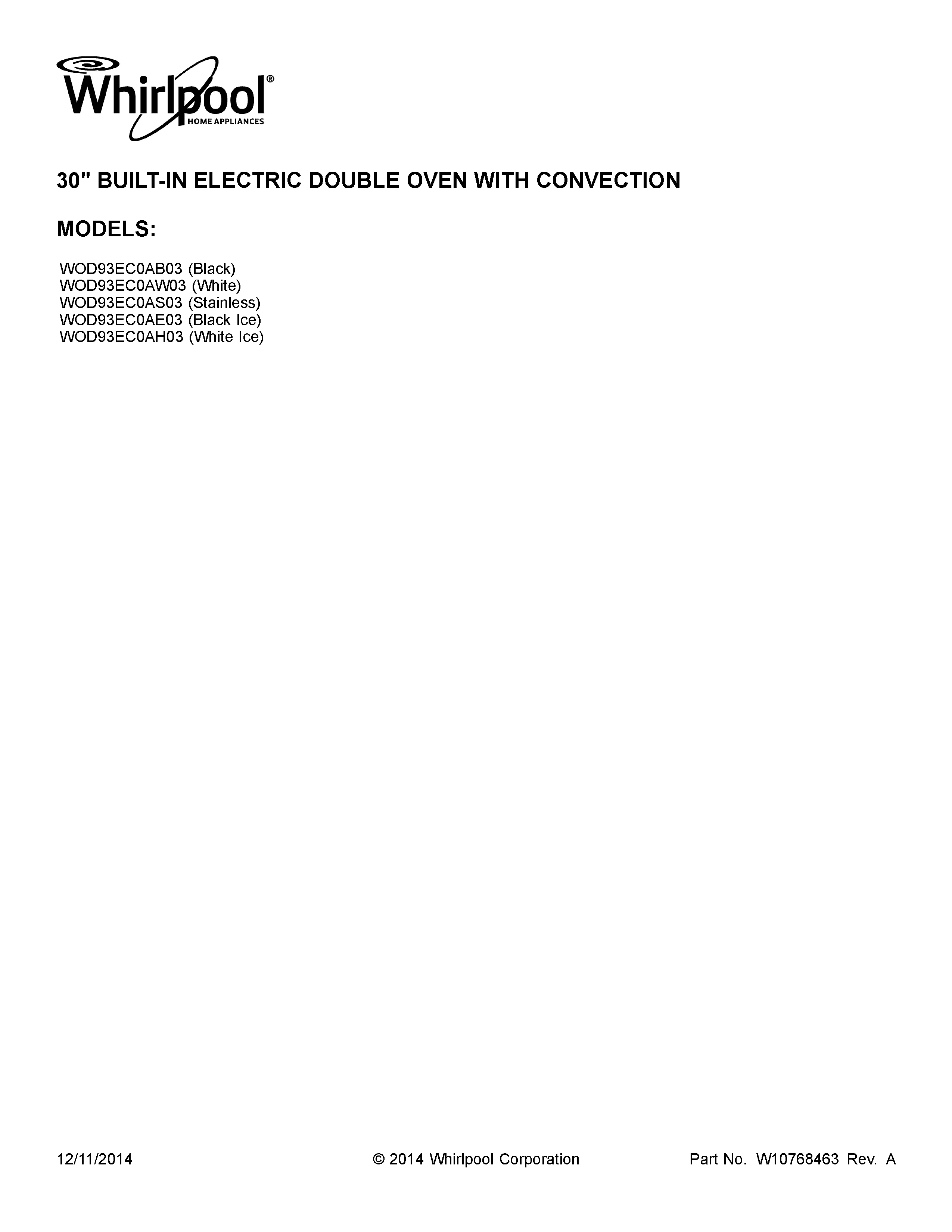Whirlpool WOD93EC0AS03 cover sheet diagram