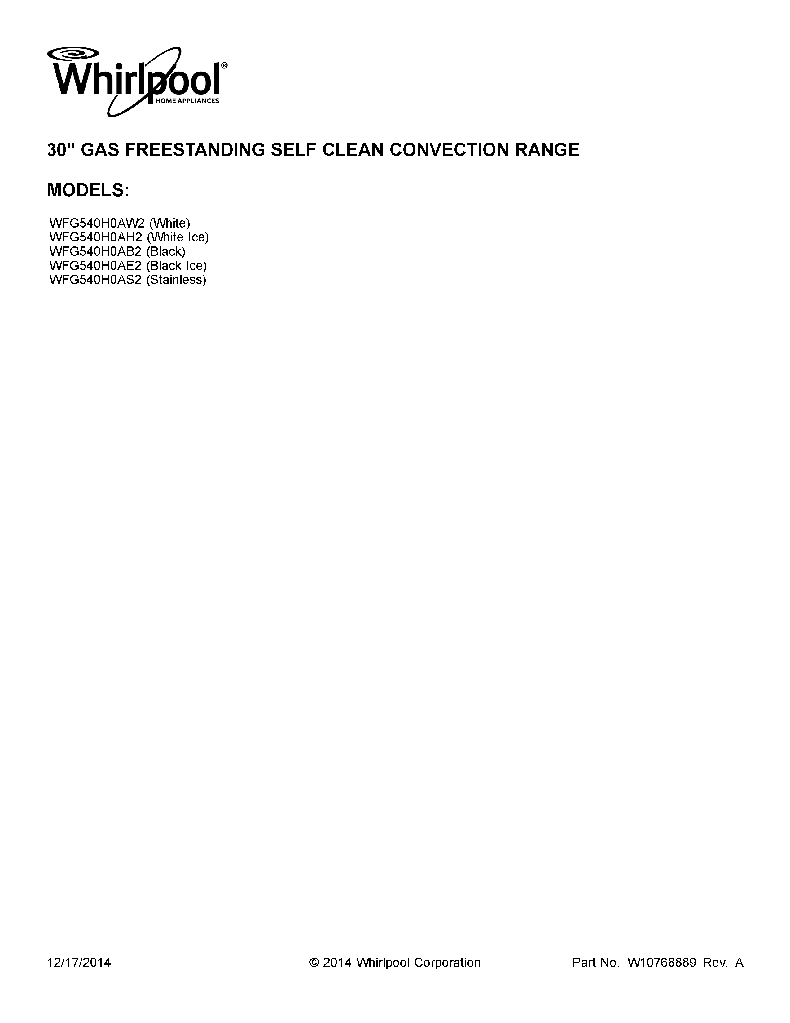 Whirlpool WFG540H0AW2 cover sheet diagram