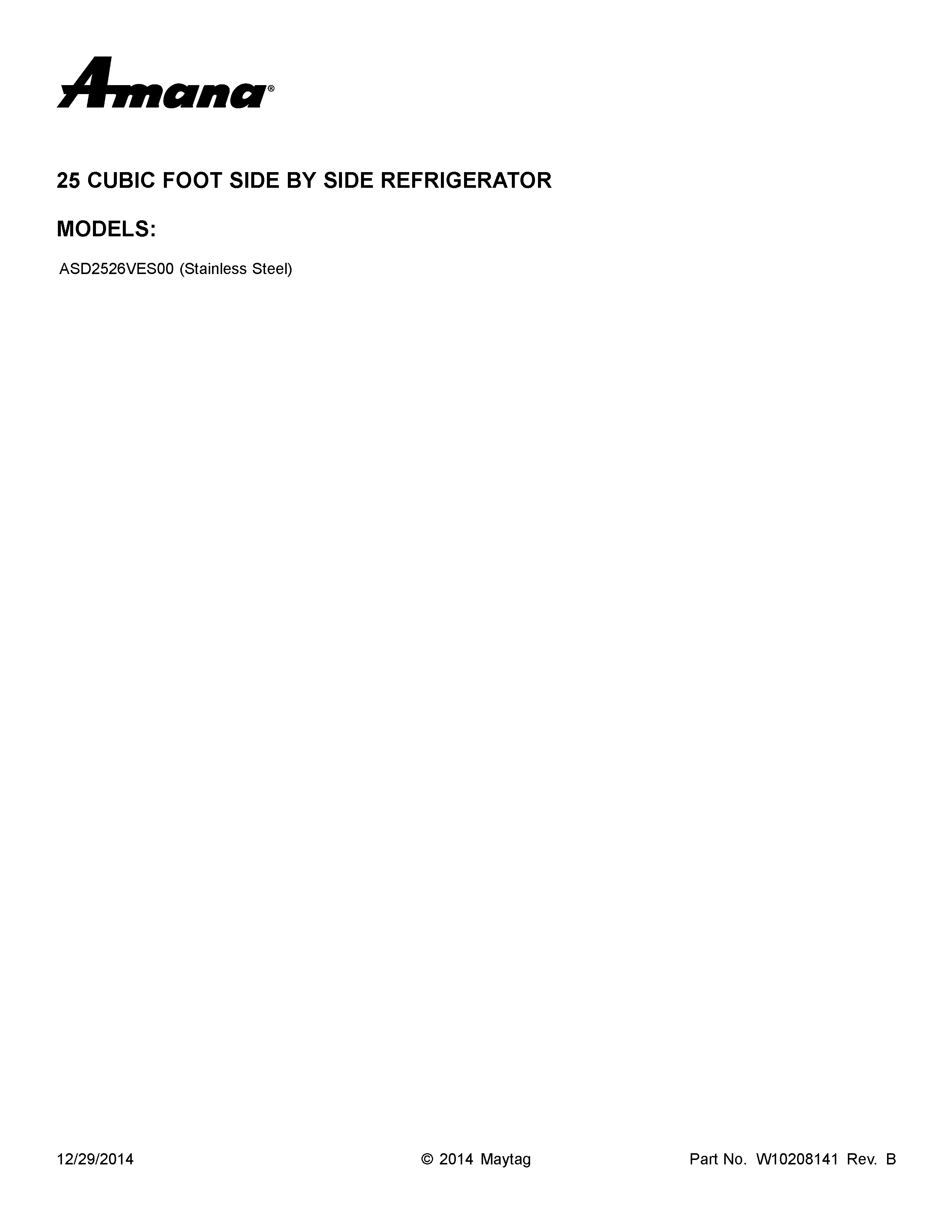 Amana ASD2526VES00 cover sheet diagram