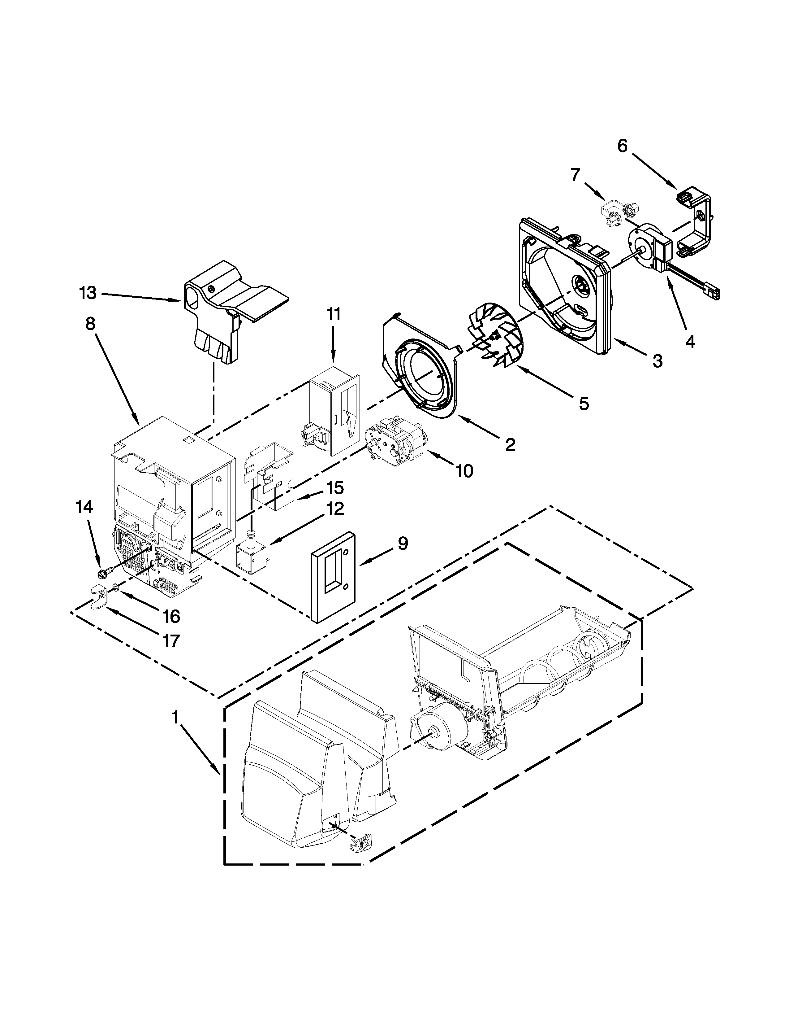 Maytag MFI2665XEM7 motor and ice container parts diagram