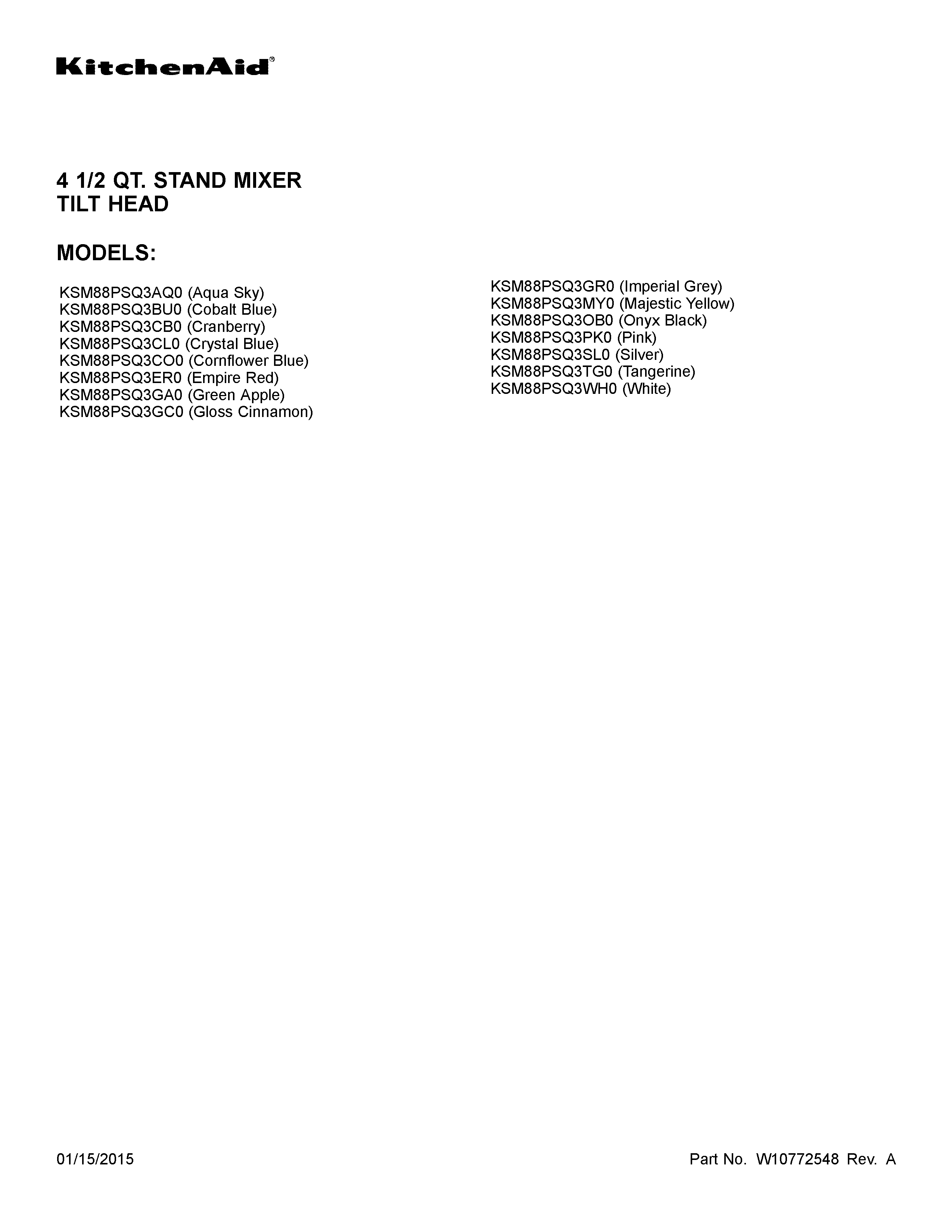 KitchenAid KSM88PSQ3MY0 cover sheet diagram
