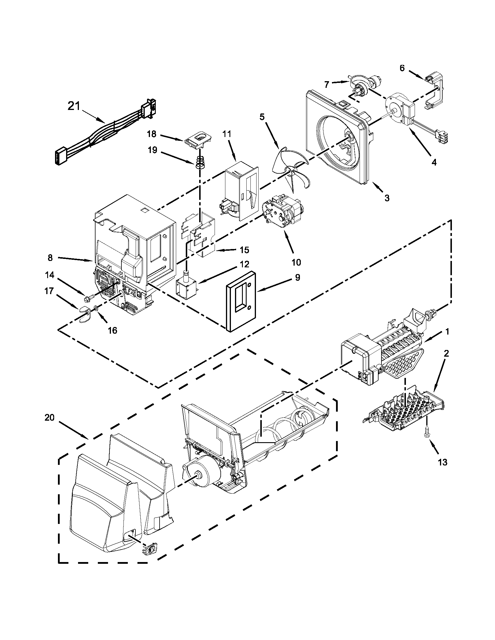 Maytag MFI2269VEM10 motor and ice container parts diagram