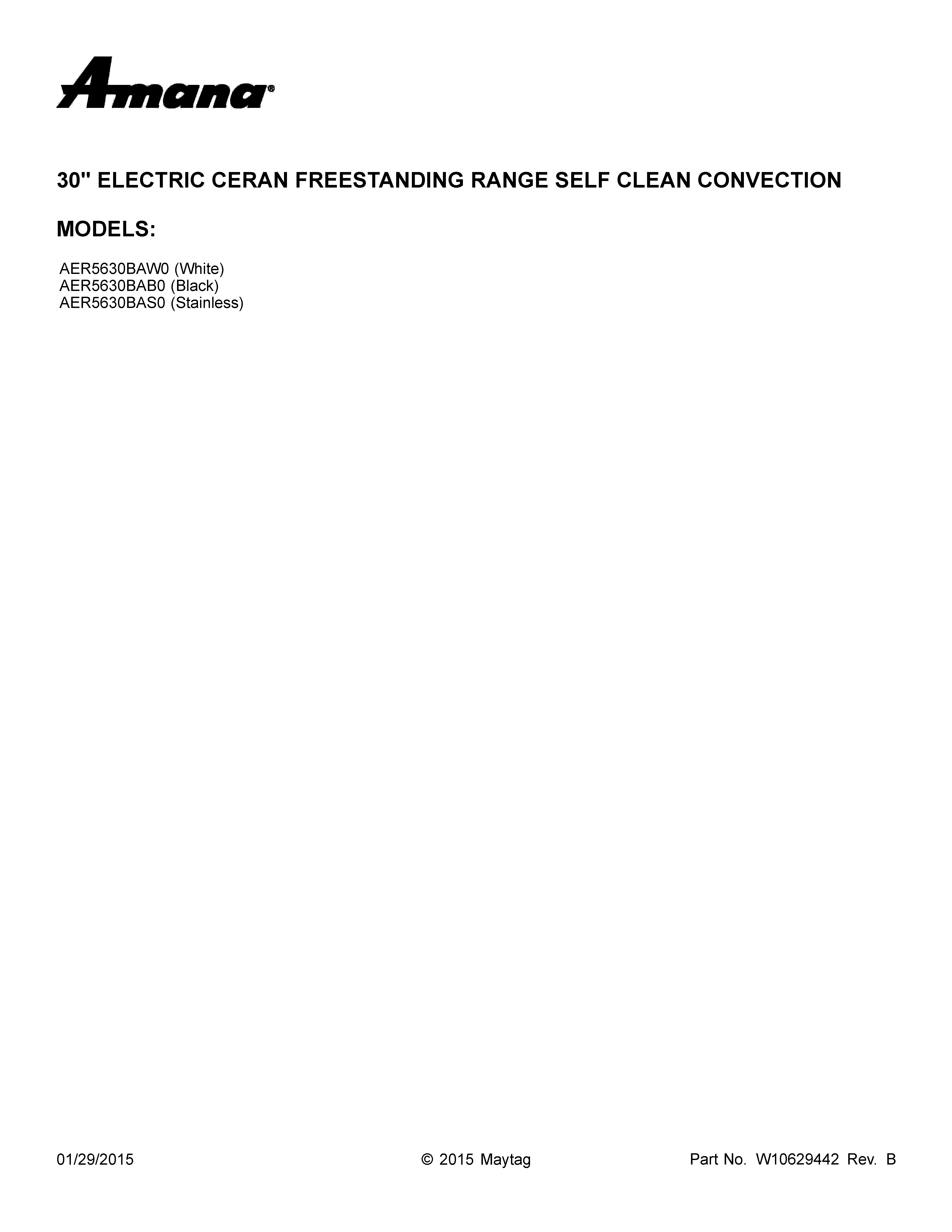 Amana AER5630BAB0 cover sheet diagram