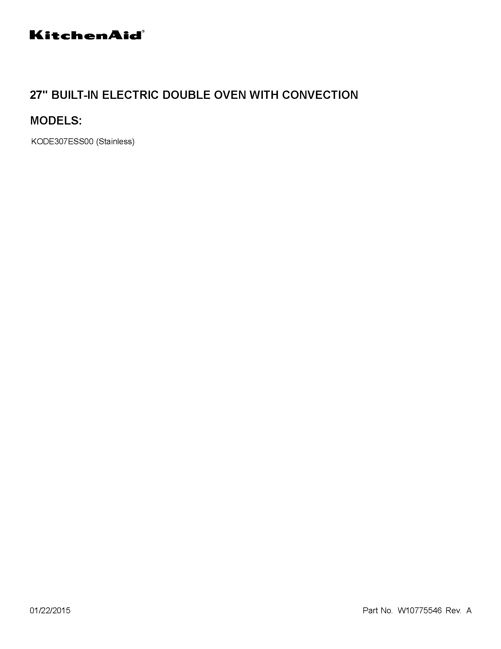 KitchenAid KODE307ESS00 cover sheet diagram