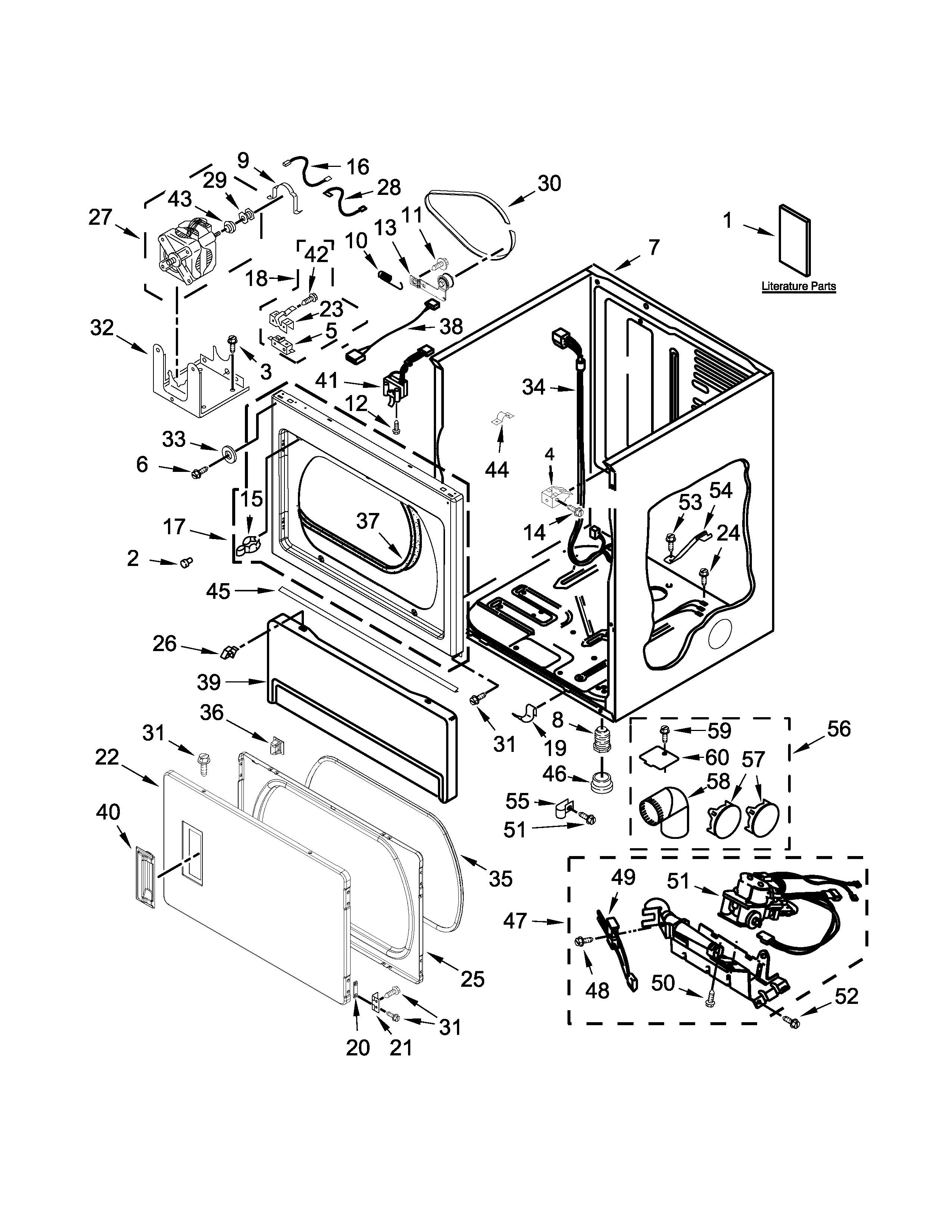 Maytag MLG26PRBWW0 lower cabinet and front panel parts diagram