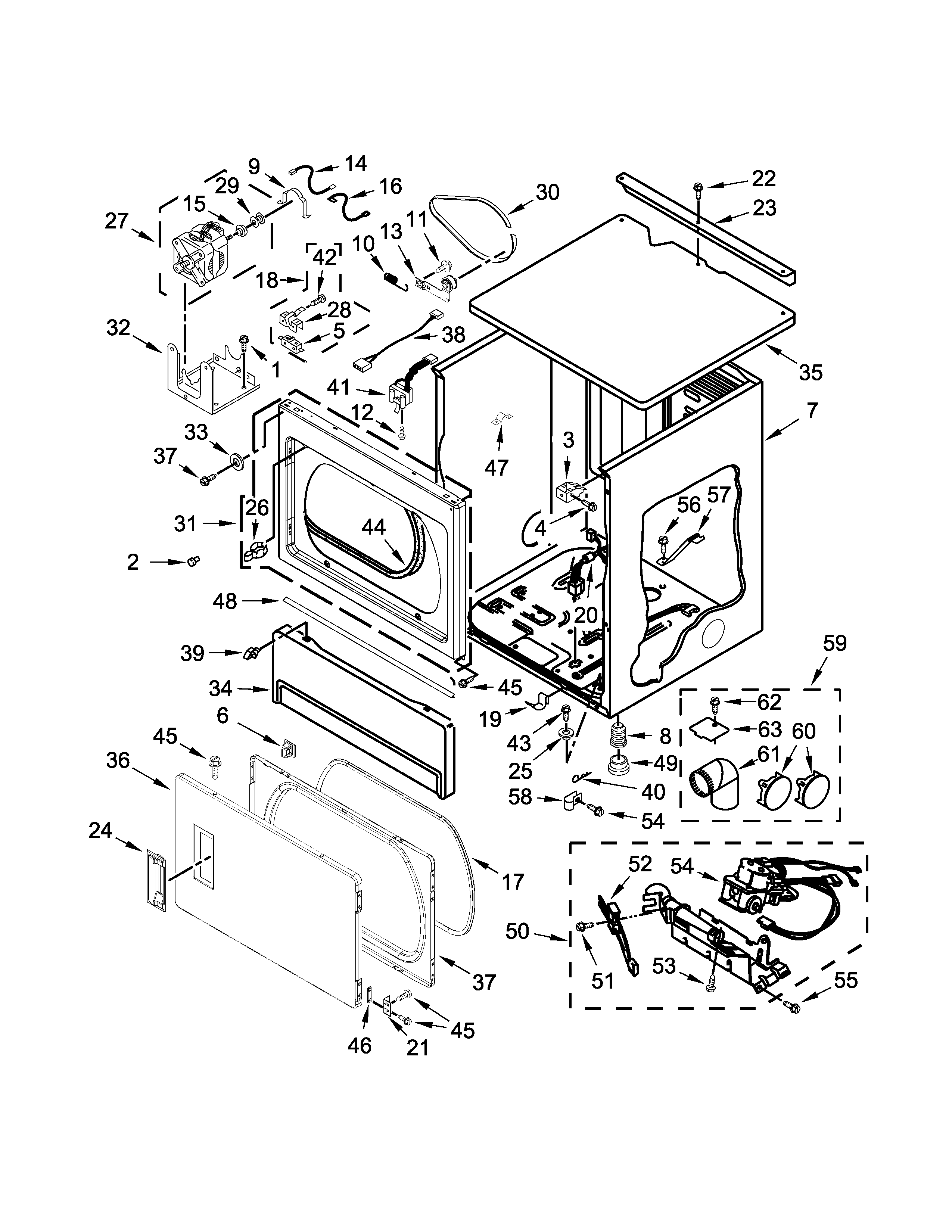 Maytag MLG26PRBWW0 upper cabinet and front panel parts diagram