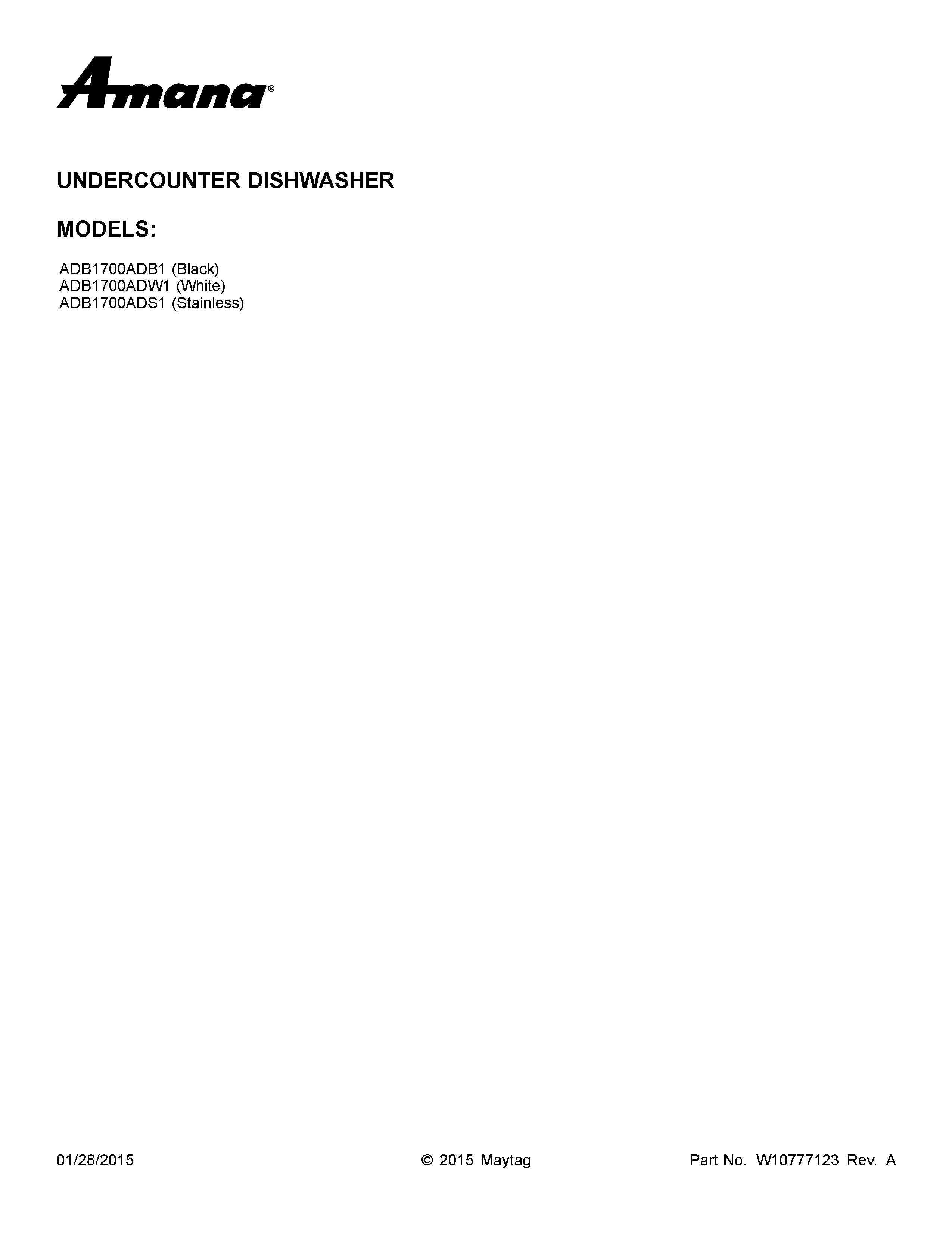 Amana ADB1700ADW1 cover sheet diagram